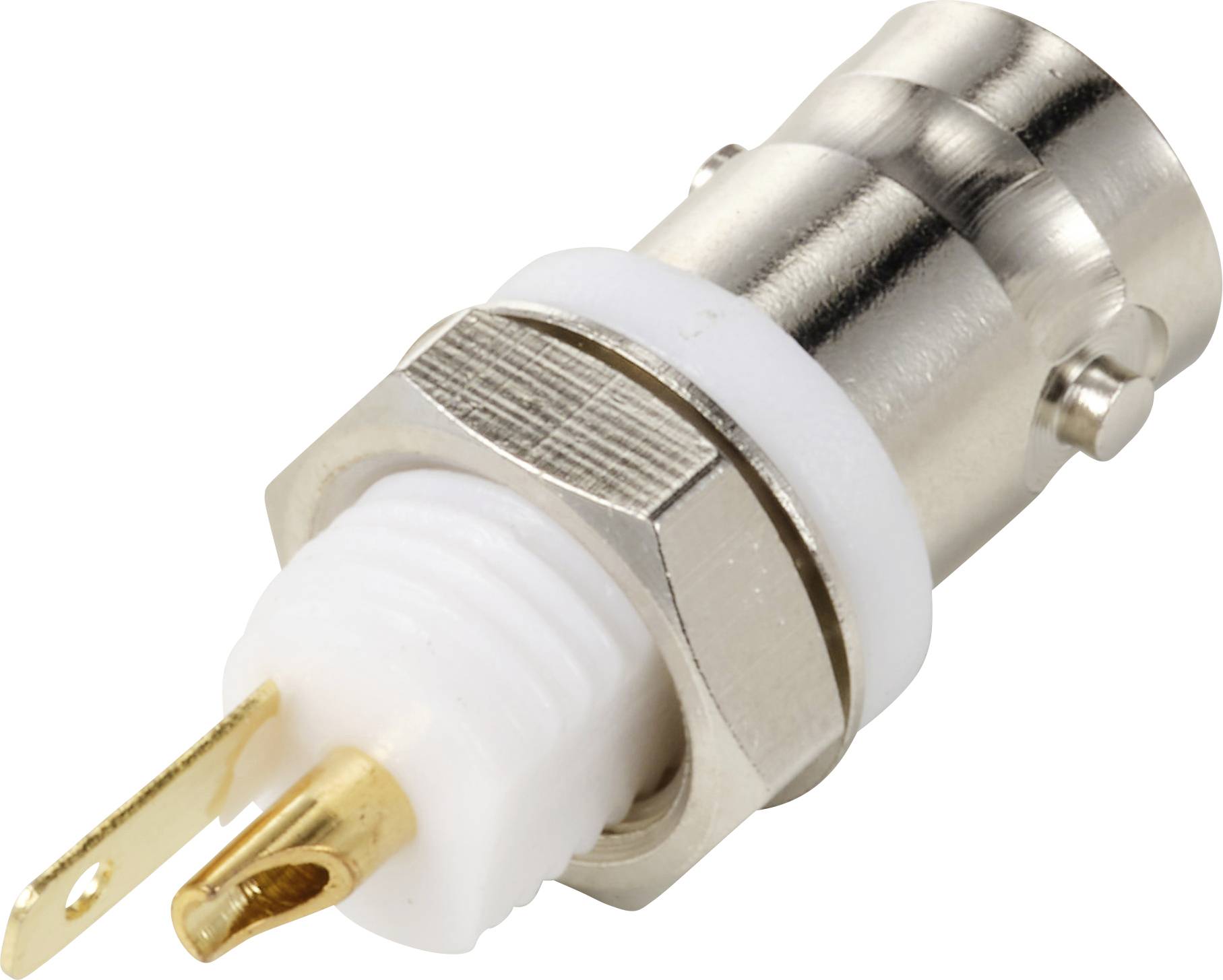 A metal BNC socket connector with plastic insulation and gold-plated contacts. Suitable for electrical connection.
