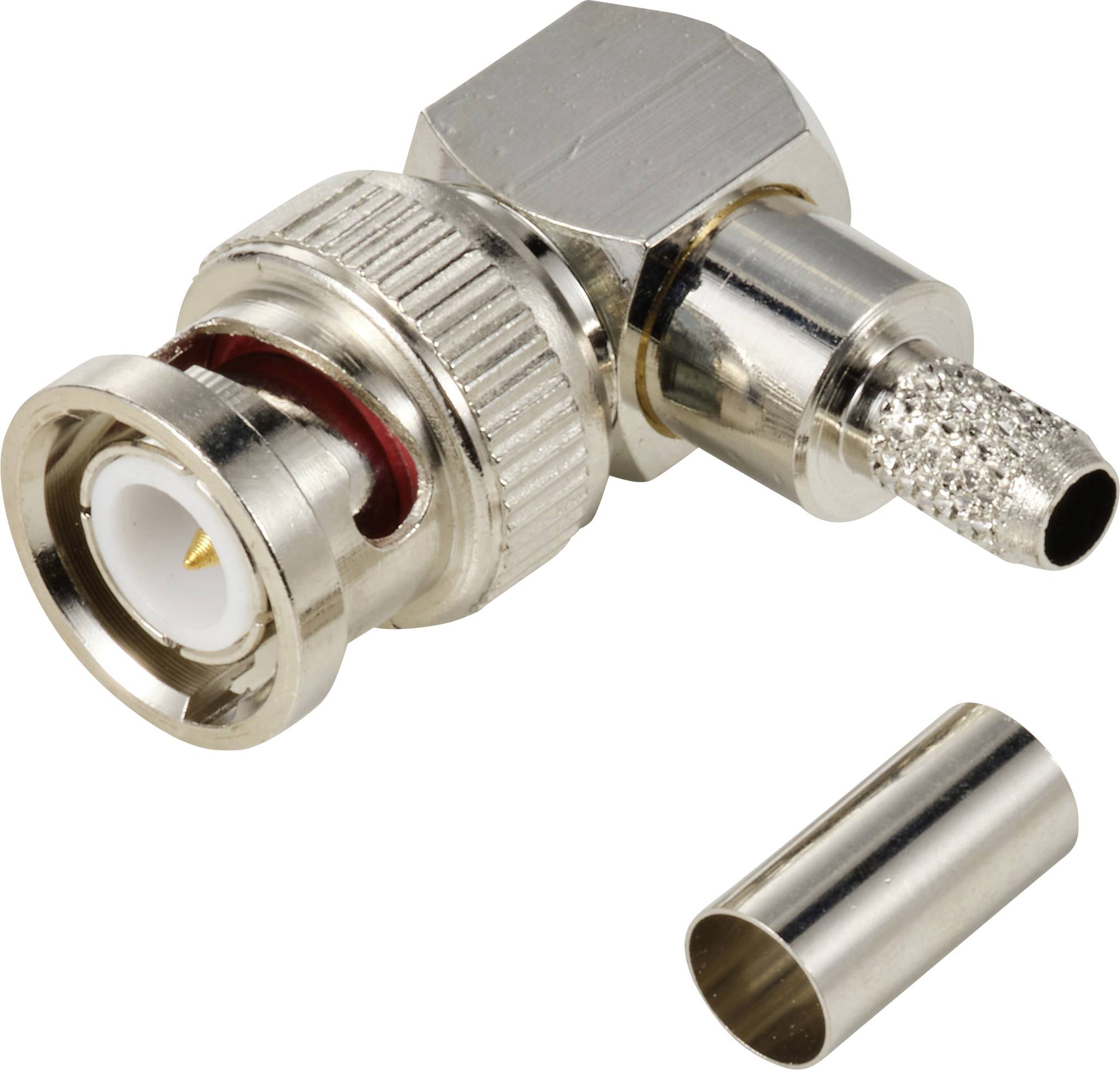 A metallic BNC connector with a removable part used for connecting coaxial cables.
