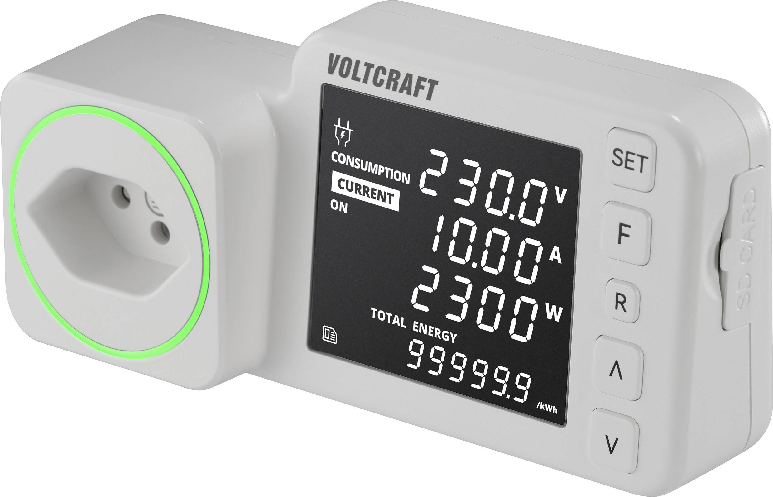 Energy consumption meter displays on a screen '230.0V', '10.00A' and '2300W'. Designed for socket monitoring.
