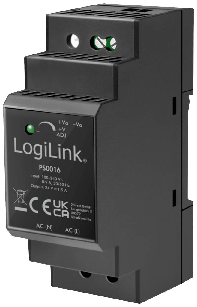 A black LogiLink power supply model PS0016 with input of 100-240V and output of 24V/1.5A. Shows CE and UKCA certifications.