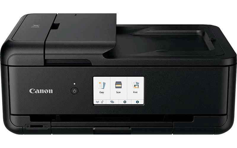 A black printer with a touchscreen menu displays options: Copy, Scan, Print. Canon logo on the front.