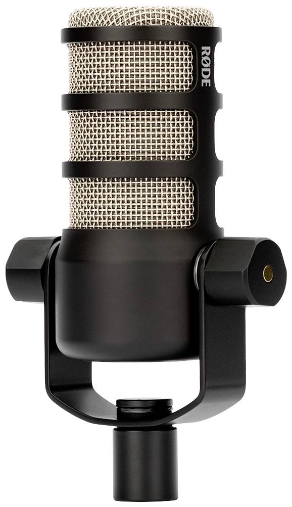 Black studio microphone with metallic grille, mounted on a stand. Ideal for sound recordings and broadcast applications.