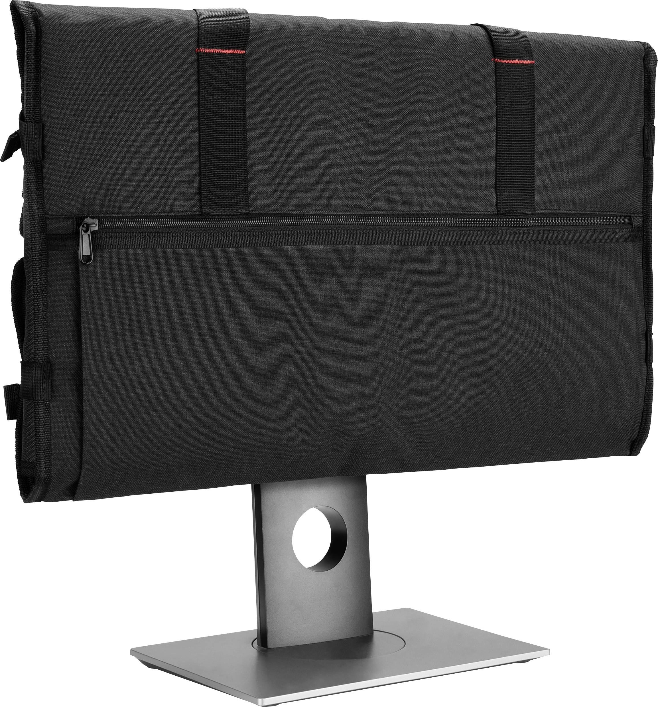Black monitor cover with zip pocket, mounted on a silver monitor stand. Ideal for protection or transportation.