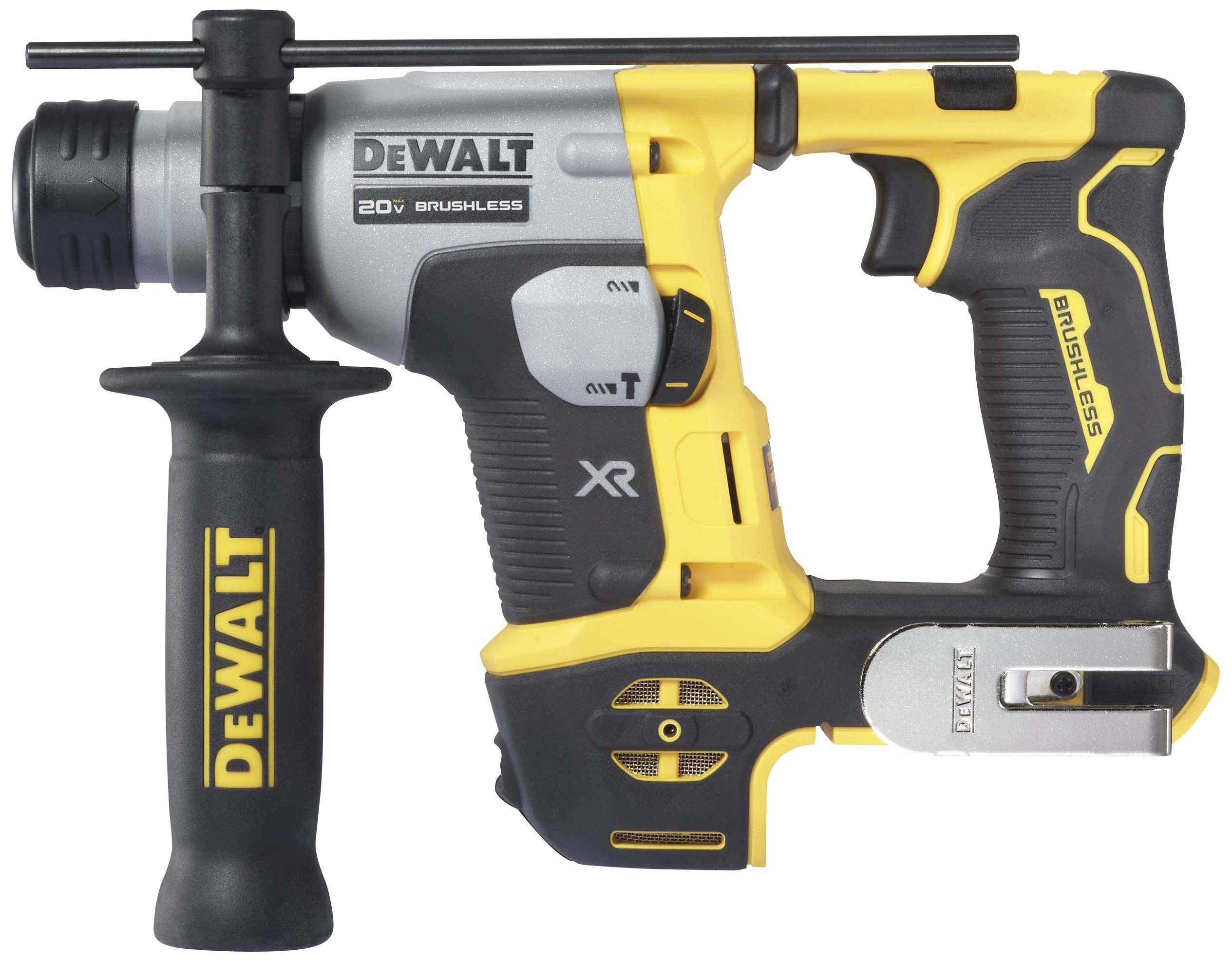 DEWALT 20V XR Brushless Cordless Hammer Drill in Yellow and Black with Auxiliary Handle for Stable Grip.