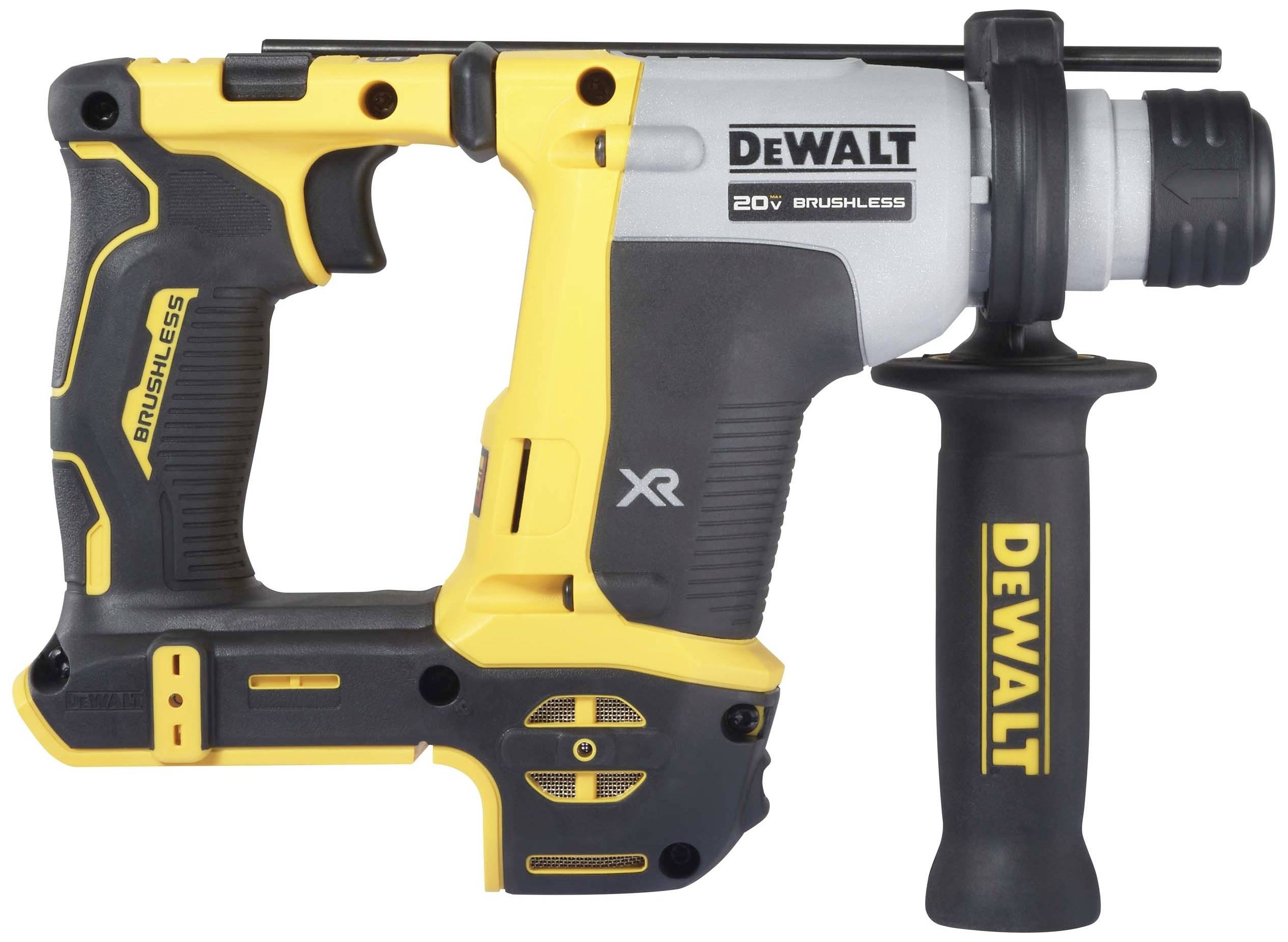 A yellow and black cordless hammer drill with an auxiliary handle. 'DEWALT 20V BRUSHLESS' marking on the housing.