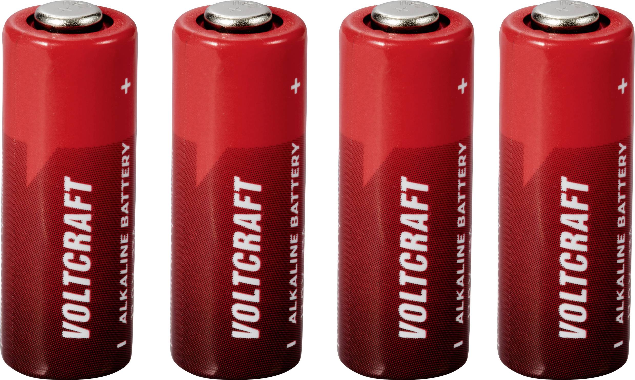 Four red alkaline batteries with the inscription 'Voltcraft'.