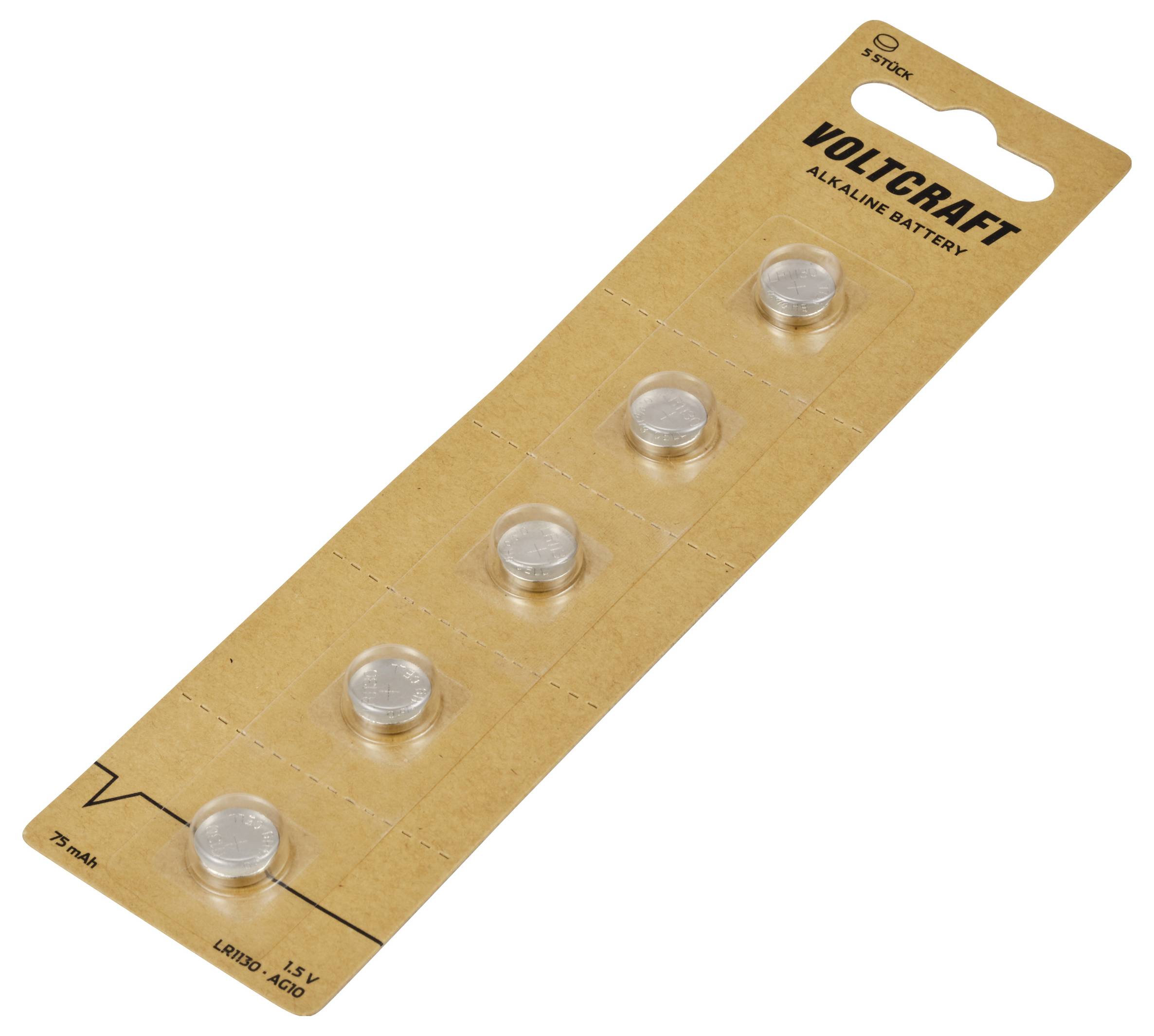 Blister pack containing five Voltcraft alkaline batteries, type LR44, on brown cardboard.