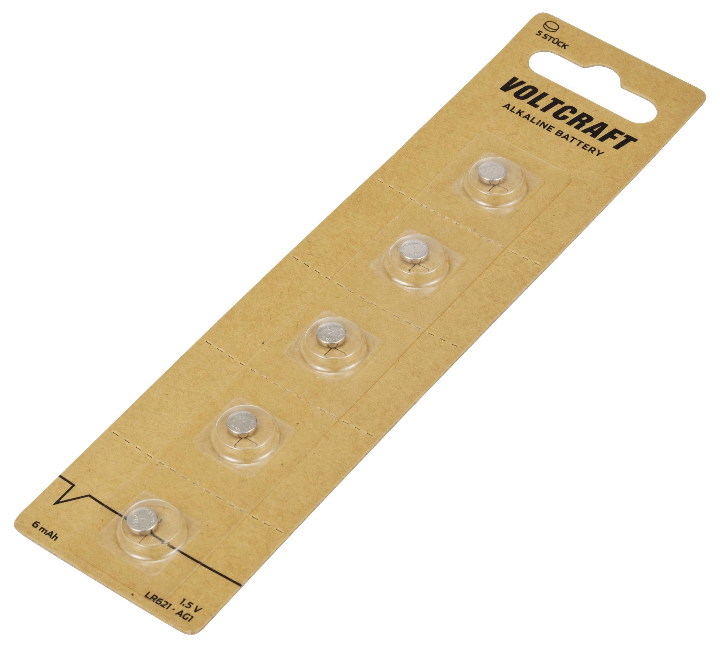 Blister pack containing six Voltcraft alkaline button cells, 1.5 V, LR601/AG1.