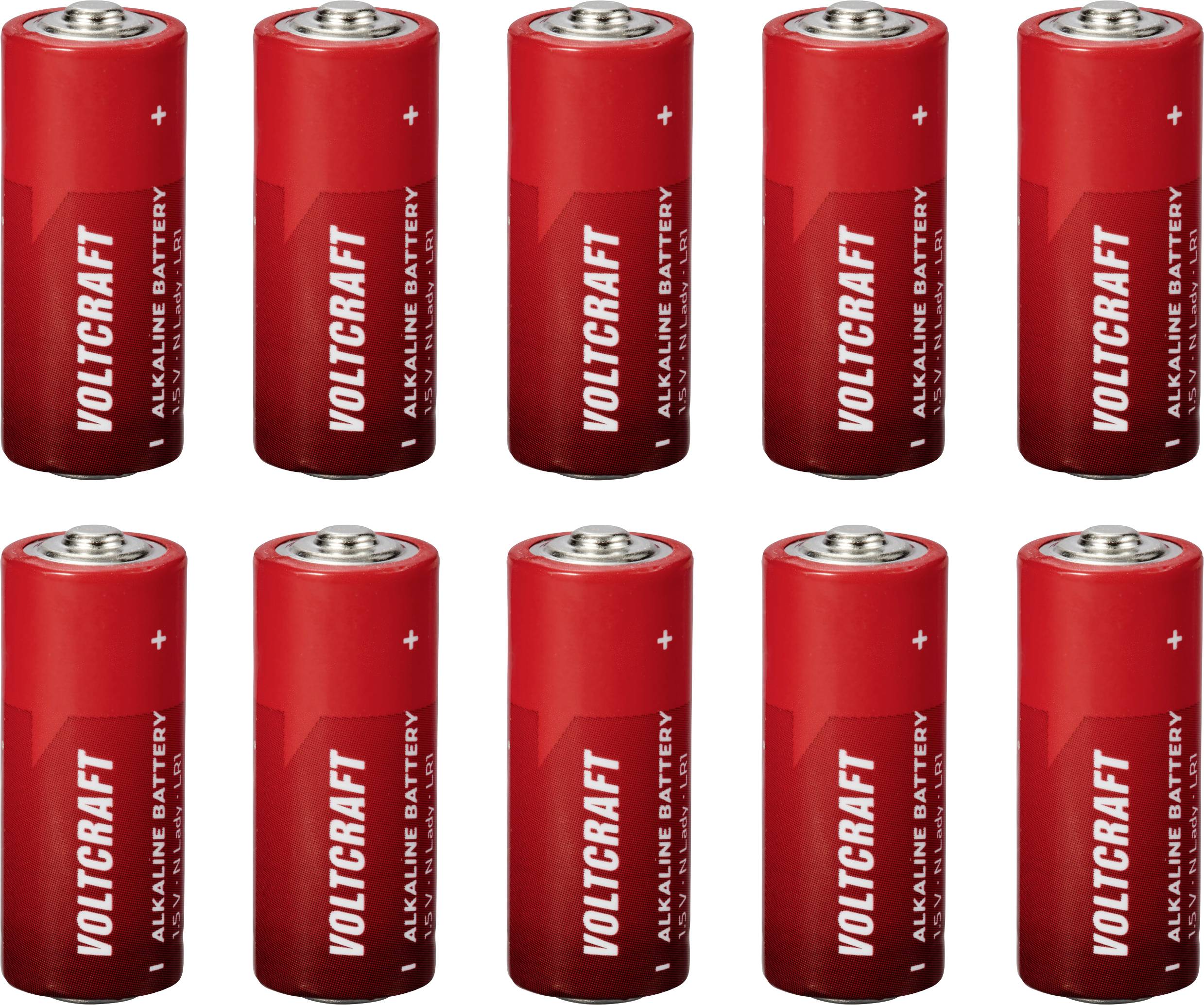 Ten red Voltcraft alkaline batteries, arranged in two rows. Each battery has a plus and minus sign to indicate polarity.