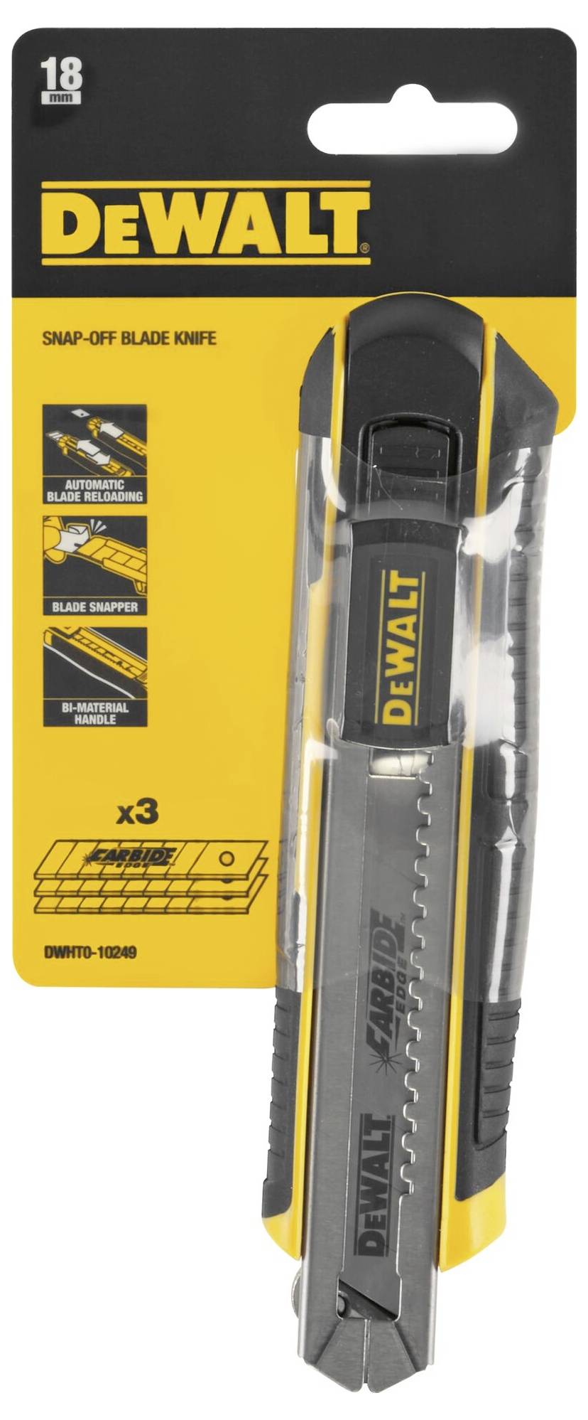 DeWALT retractable blade knife with packaging. Includes three blades, black and yellow colour scheme, ergonomic design.