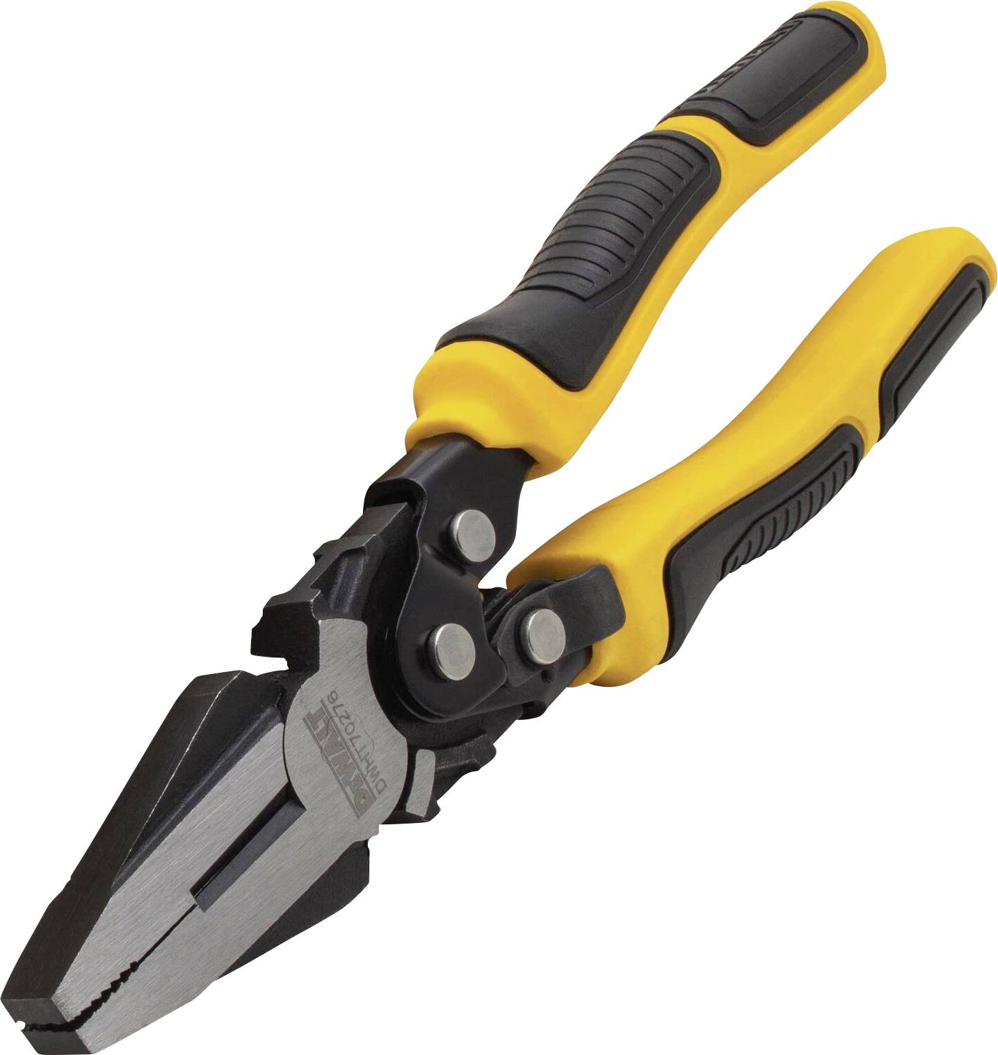Yellow and black combination pliers with ribbed rubber grips; suitable for gripping, holding, and cutting wires and cables.