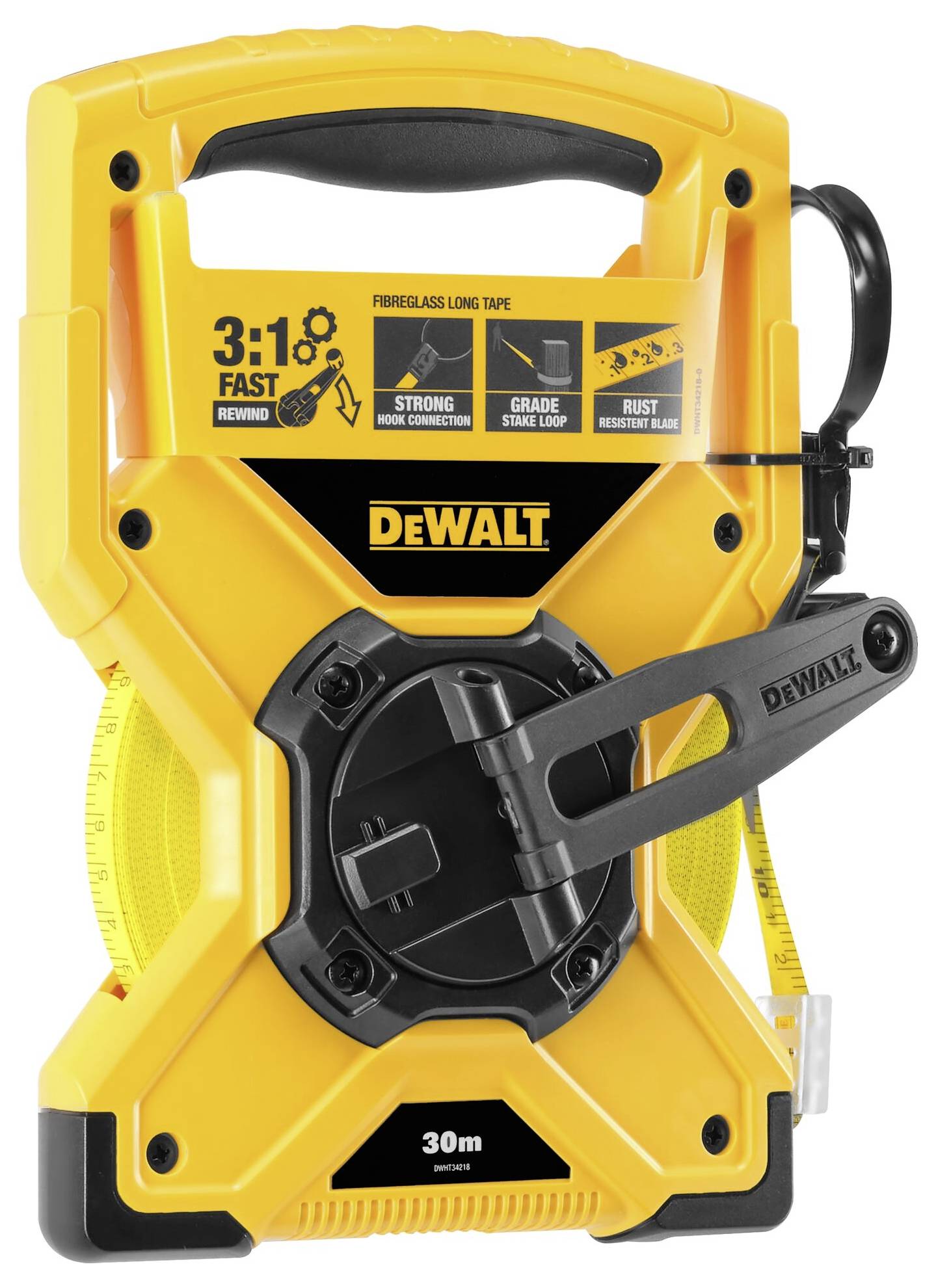 A yellow tape measure with a crank handle, brand name 'DeWalt', length specification 30 metres. Text: '3:1 fast rewind', emphasising rapid retraction.