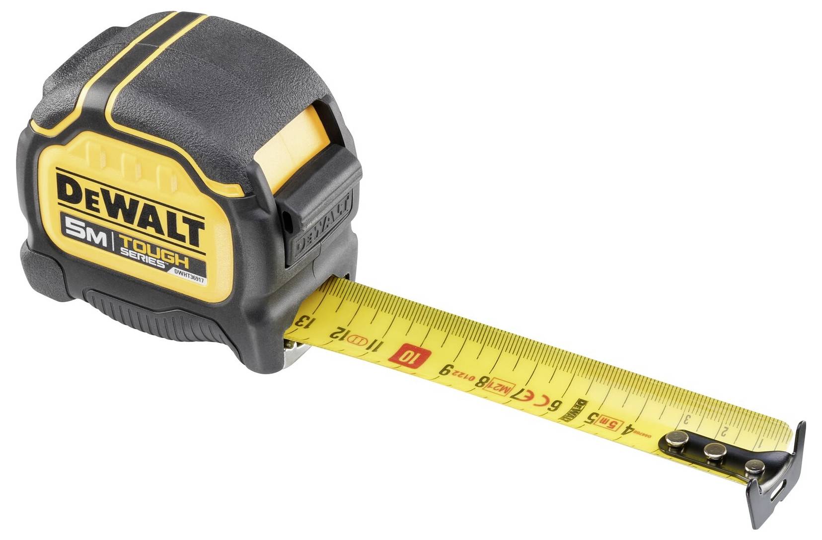 Black and yellow DeWalt measuring tape with a 5-metre scale, partially extended.