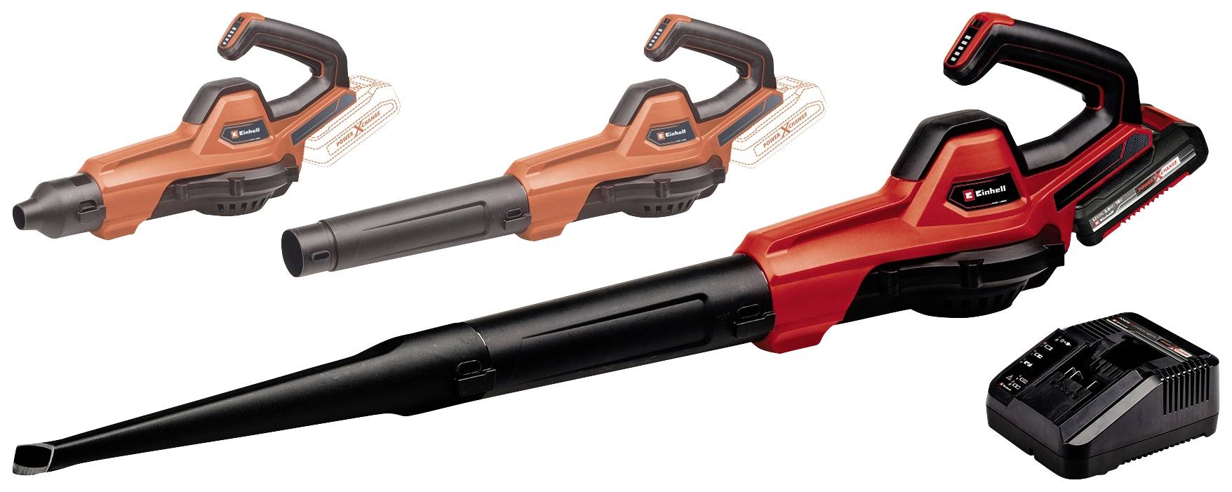 Three models of a red, battery-powered leaf blower and a charger. Each model shows a different stage of assembly and accessories.
