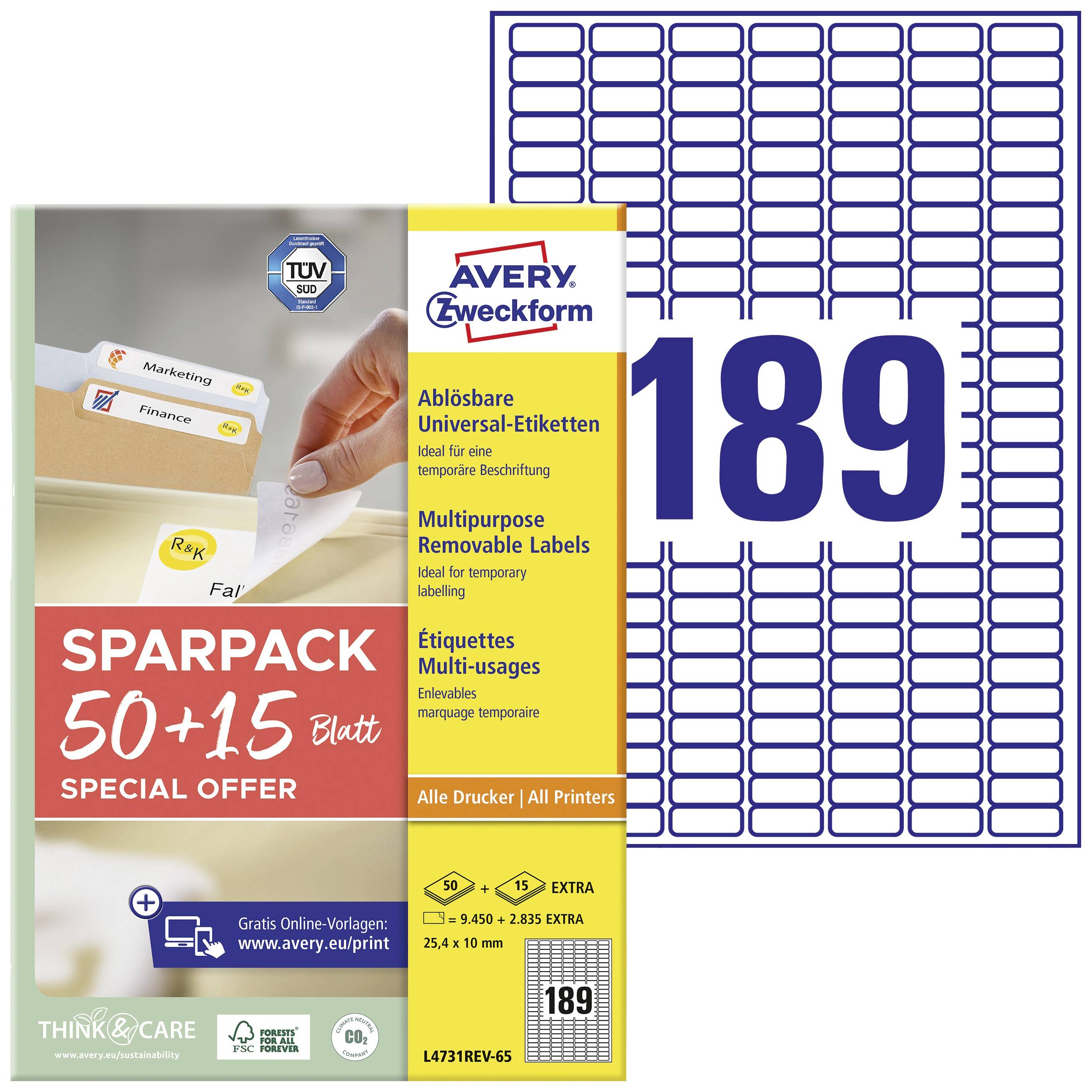 A pack of 65 sheets of Avery Zweckform removable labels, numbered '189', with a diagram showing their application on folders.