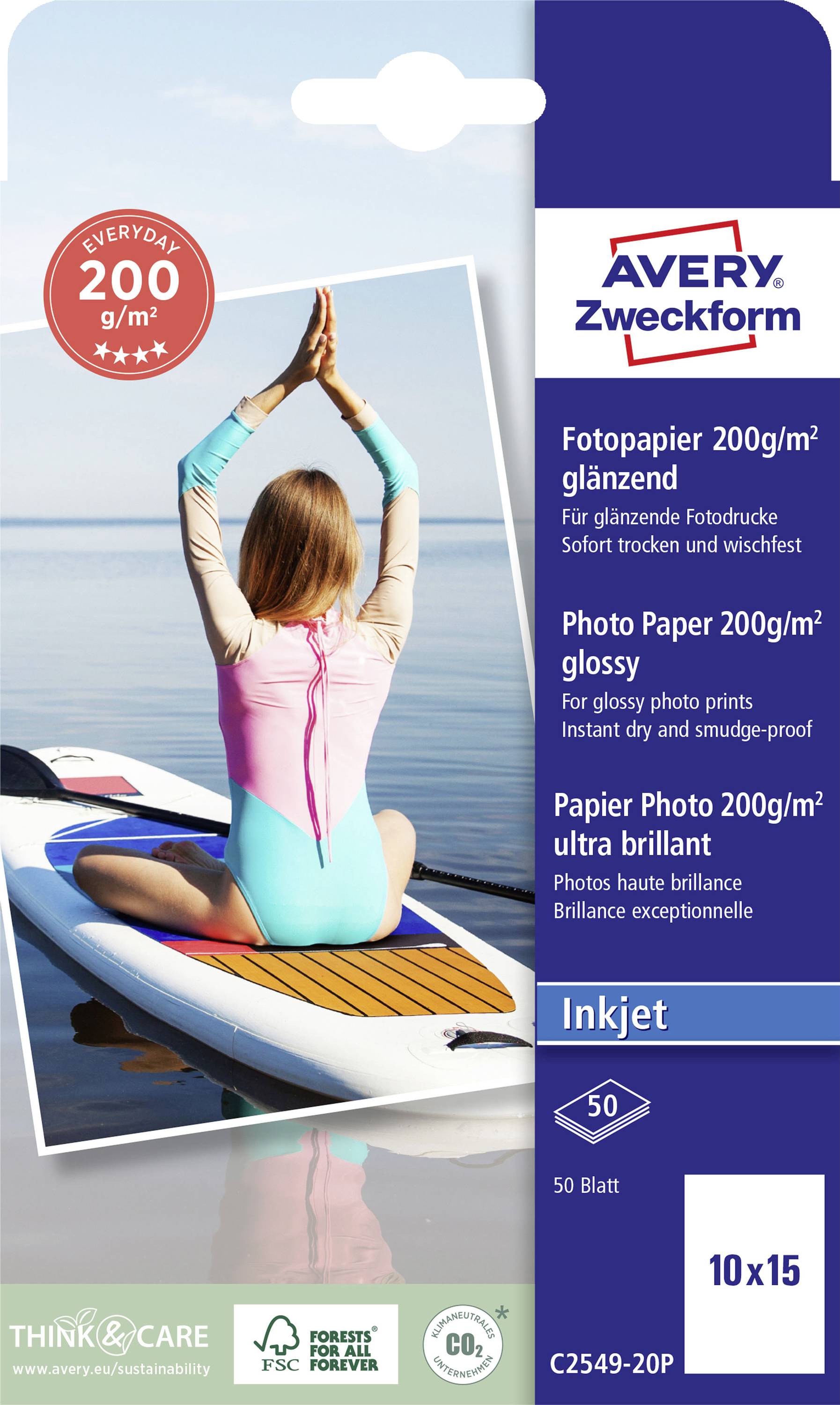 A woman in a yoga pose on a serene lake, surrounded by nature. Product label for glossy photo paper 200g/m² by Avery Zweckform.