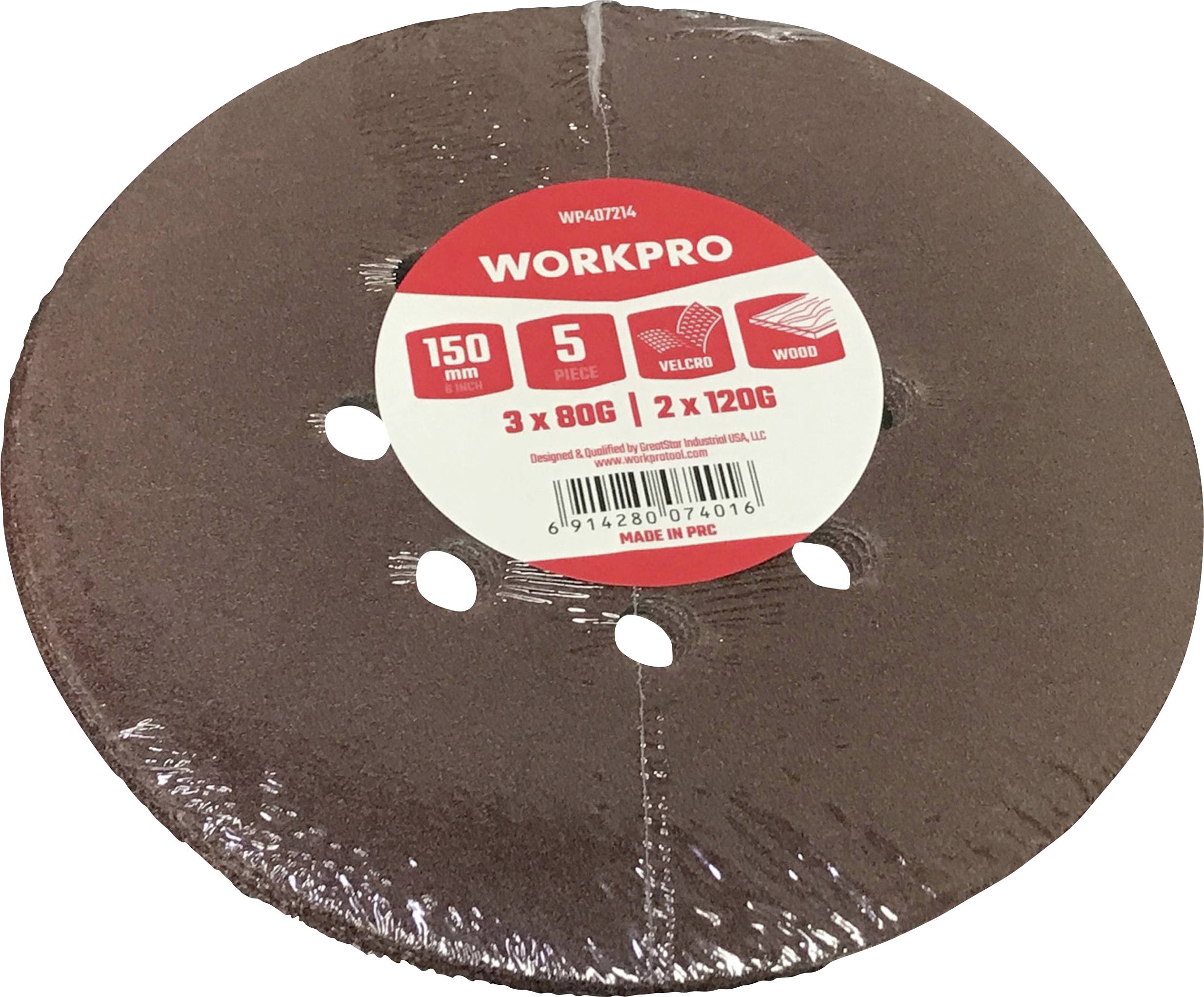 Grinding disc with red label, inscription 'WORKPRO'. Size: 150 mm. Contains 5 pieces, grit 3x80G, 2x120G, suitable for wood.