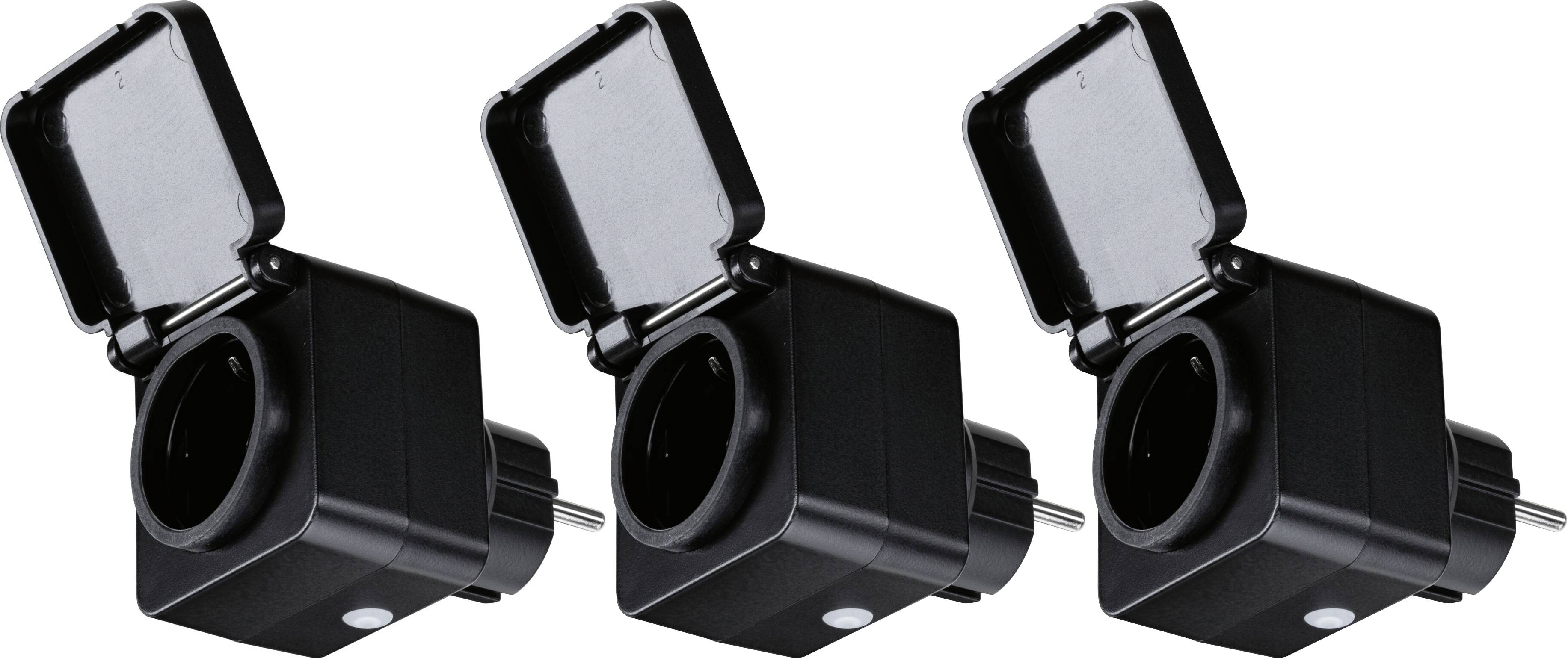 Three black socket adapters with open protective covers designed to safeguard the connections.
