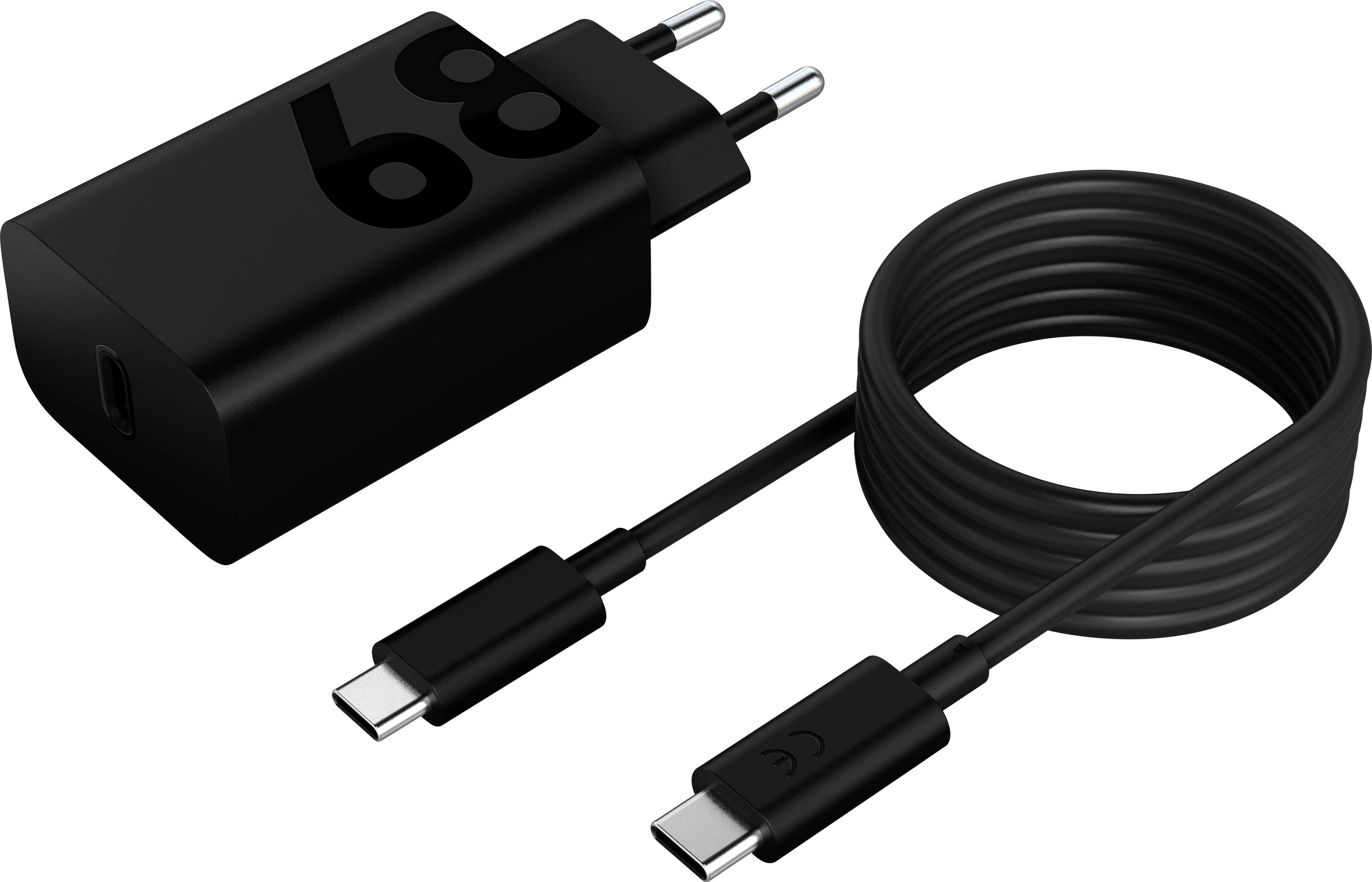 A black charger with a USB-C port and a matching charging cable. The charger displays the number '68'.