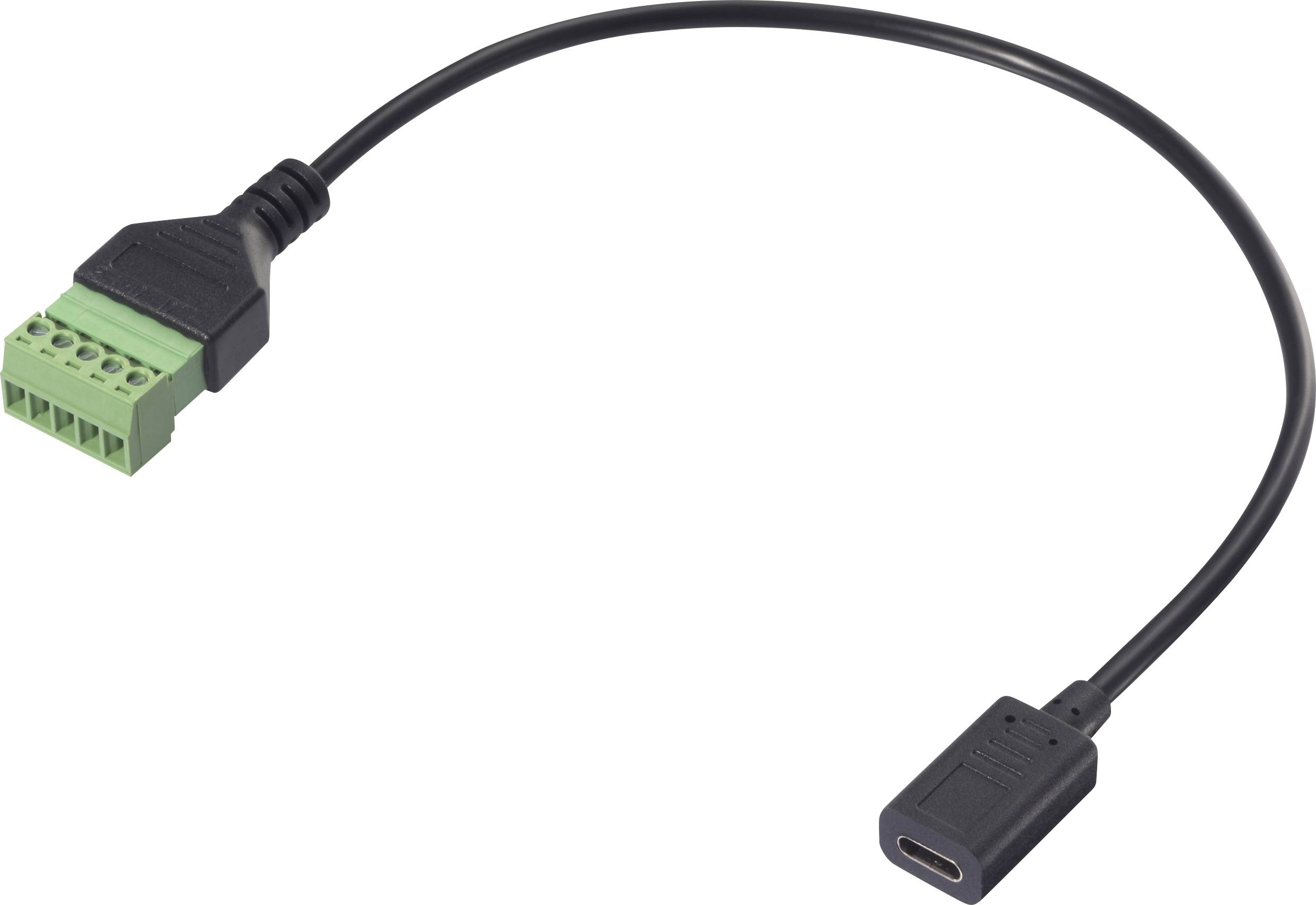 A USB-C adapter cable with a green connection clip and a black USB-C plug at the other end, suitable for electronic connections.
