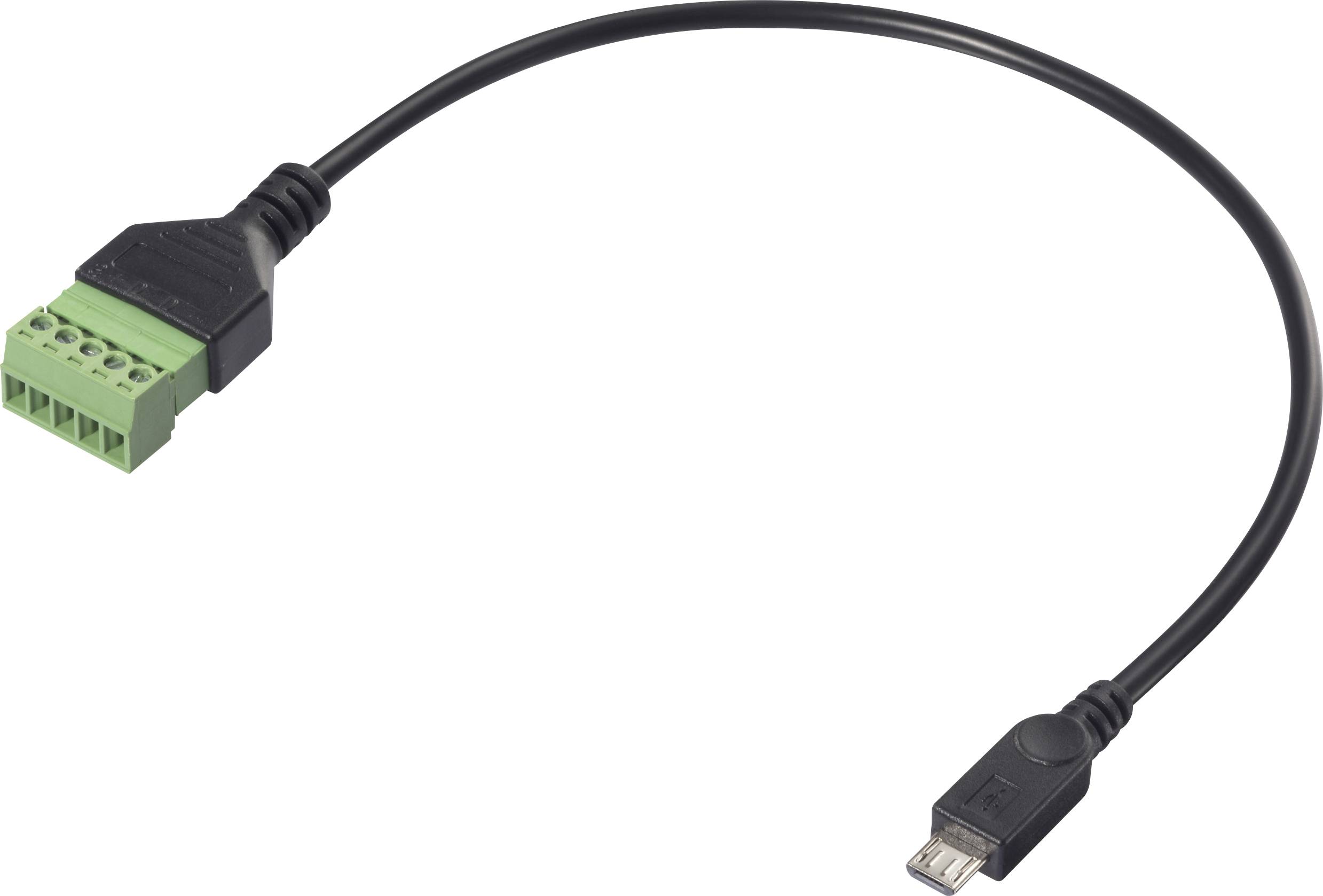 A black cable with a green connector plug and Micro-USB connection, used for connecting devices in industrial applications.