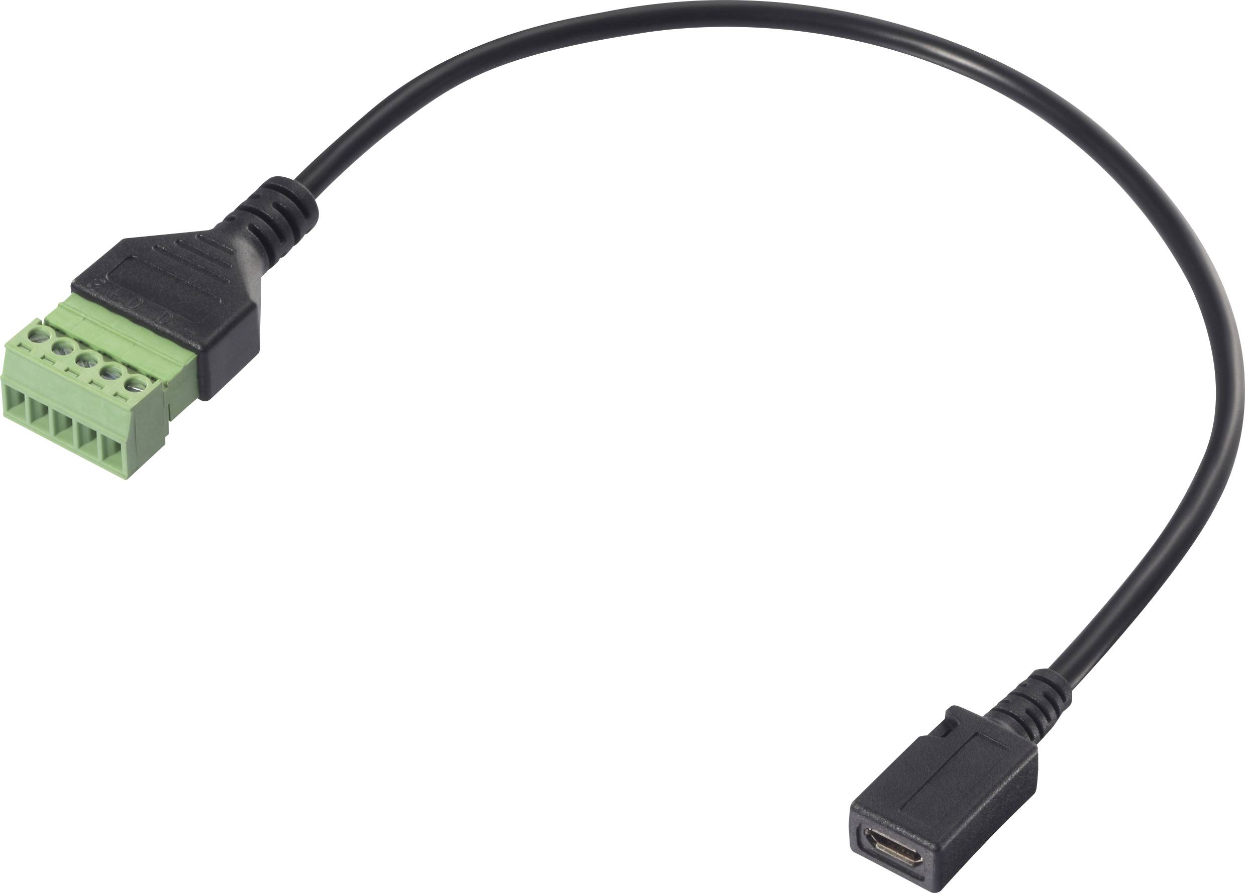 A black cable with a green connector on one side and a black USB port on the other side.