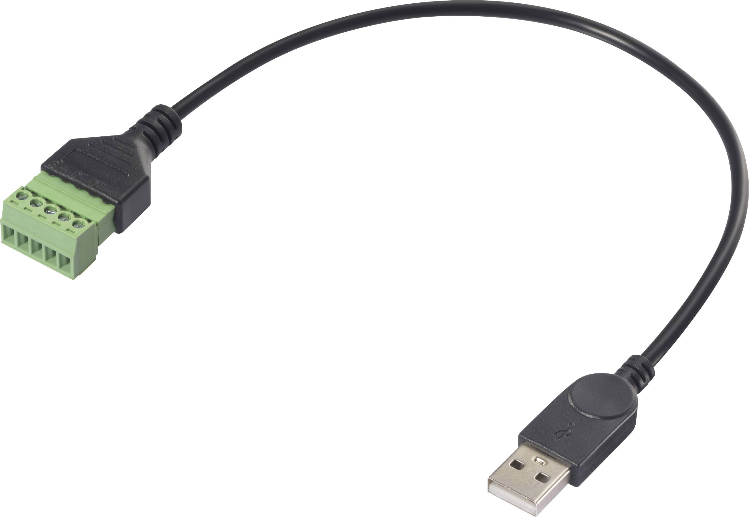 A cable with a USB plug on one side and a green screw terminal block on the other side.