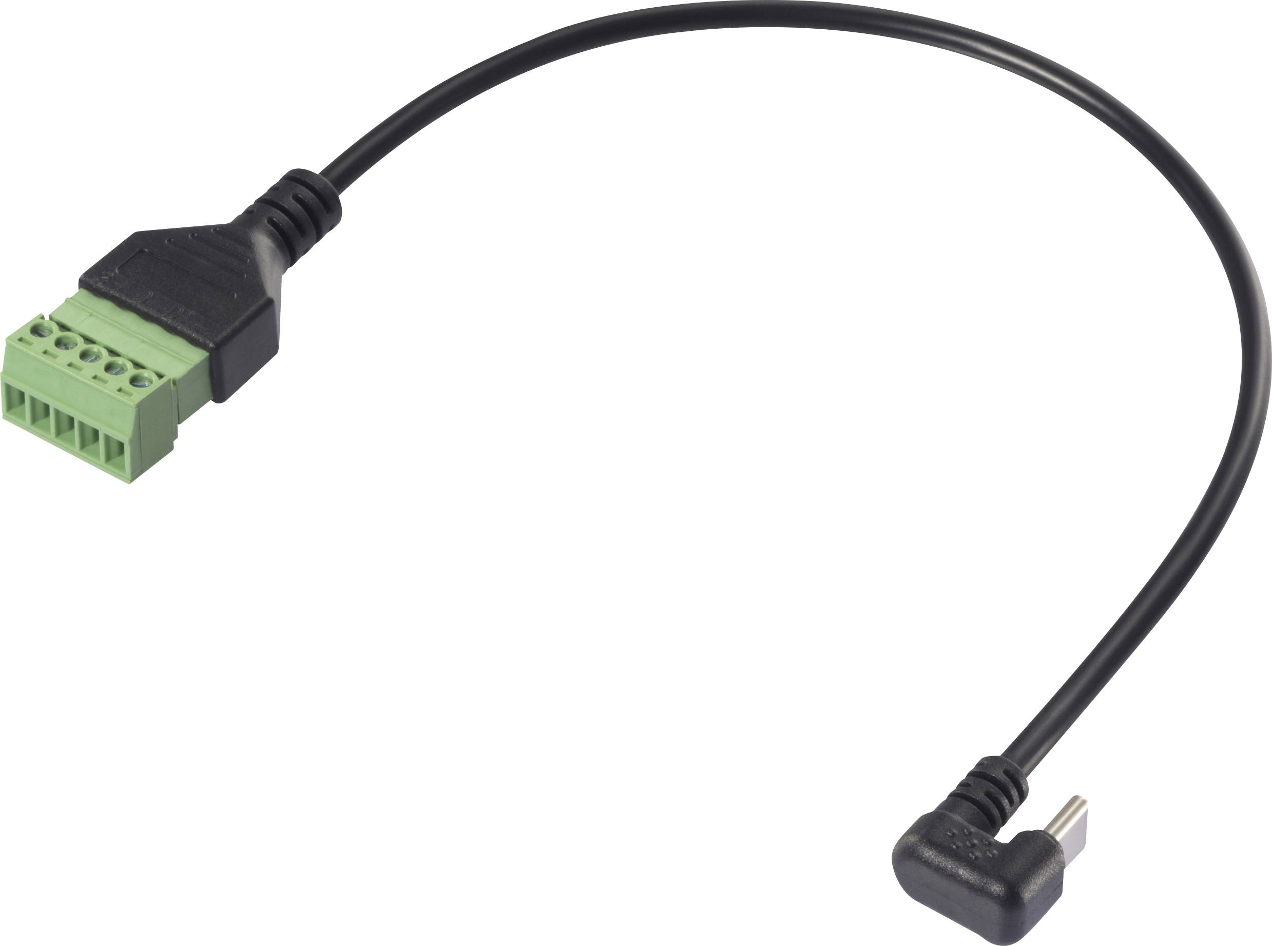 A black cable with a right-angled USB-C plug at one end and a green terminal block connection at the other end.