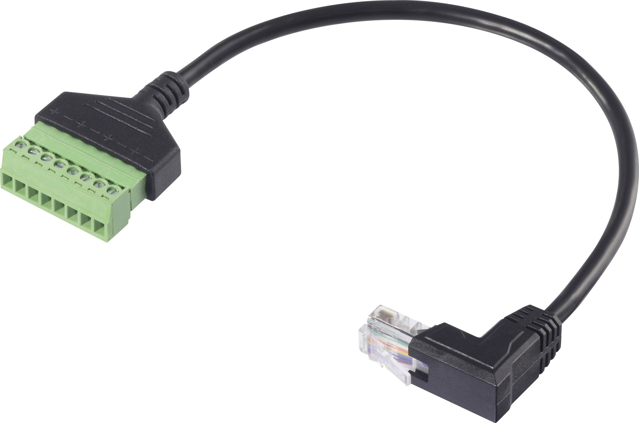 A black cable connects a green terminal block with an Ethernet RJ45 plug.