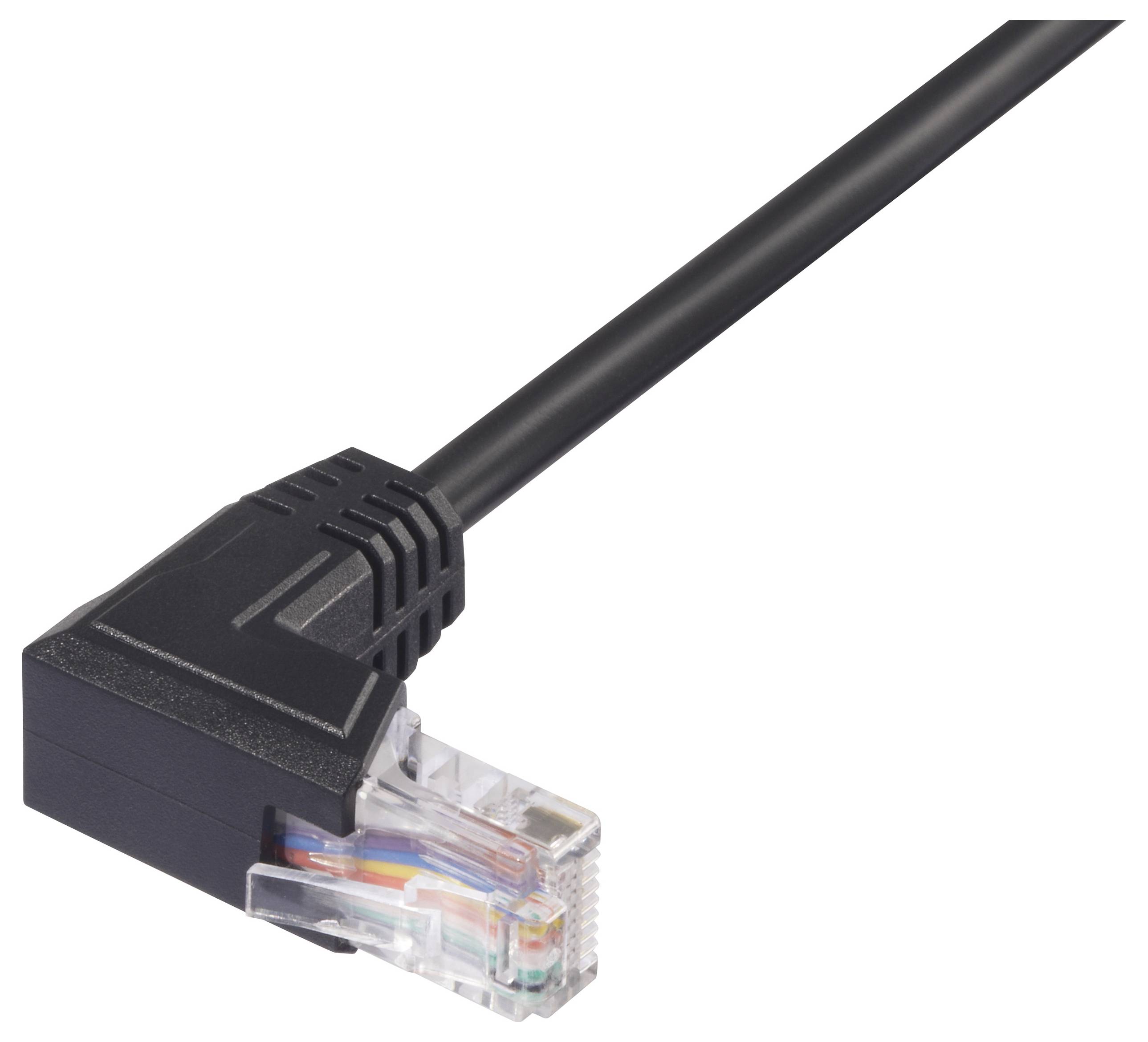 A black Ethernet cable with a right-angled connector, suitable for connecting network devices in confined spaces.