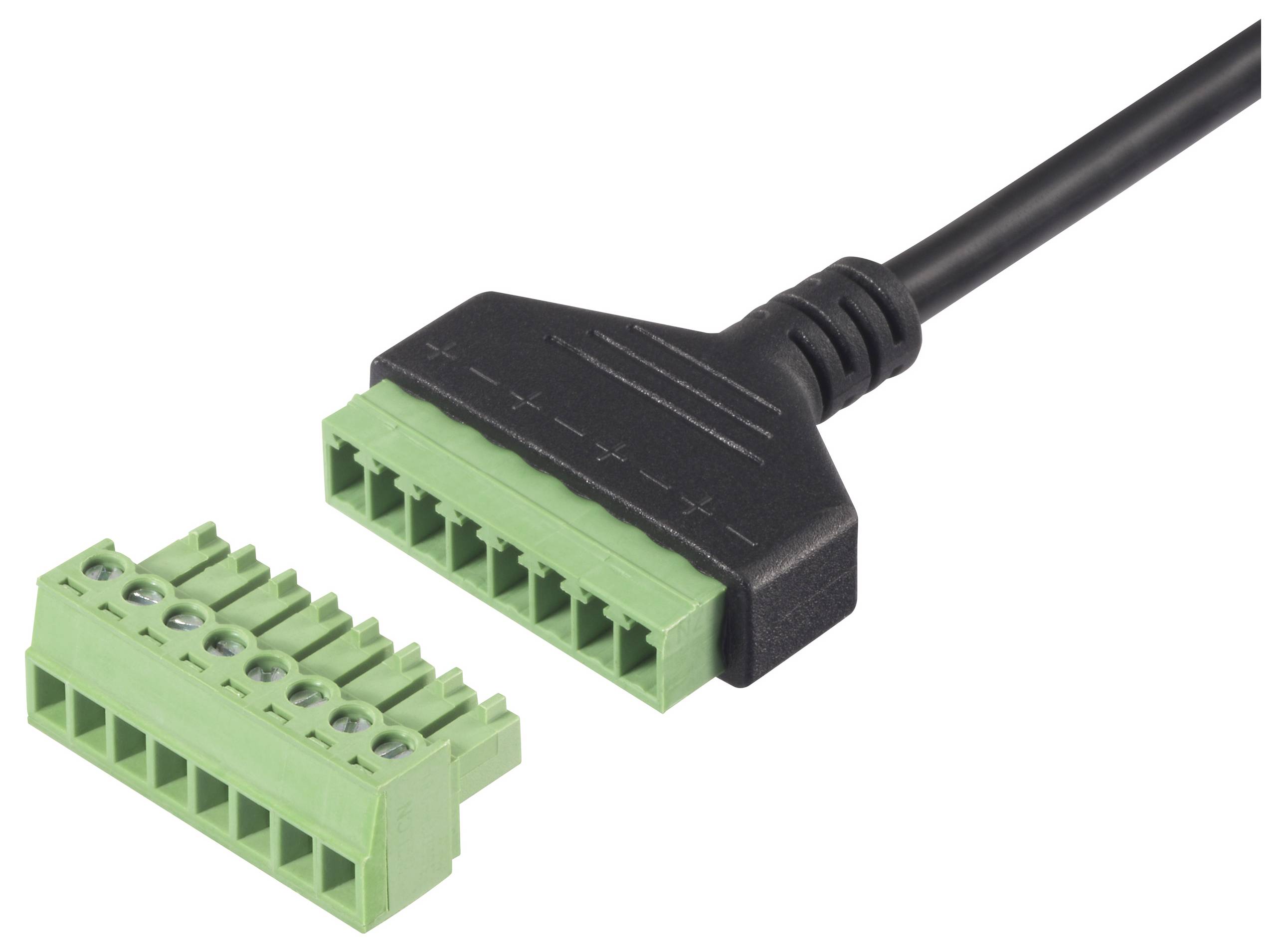 Black cable plug connected to green terminal block with screw terminals.