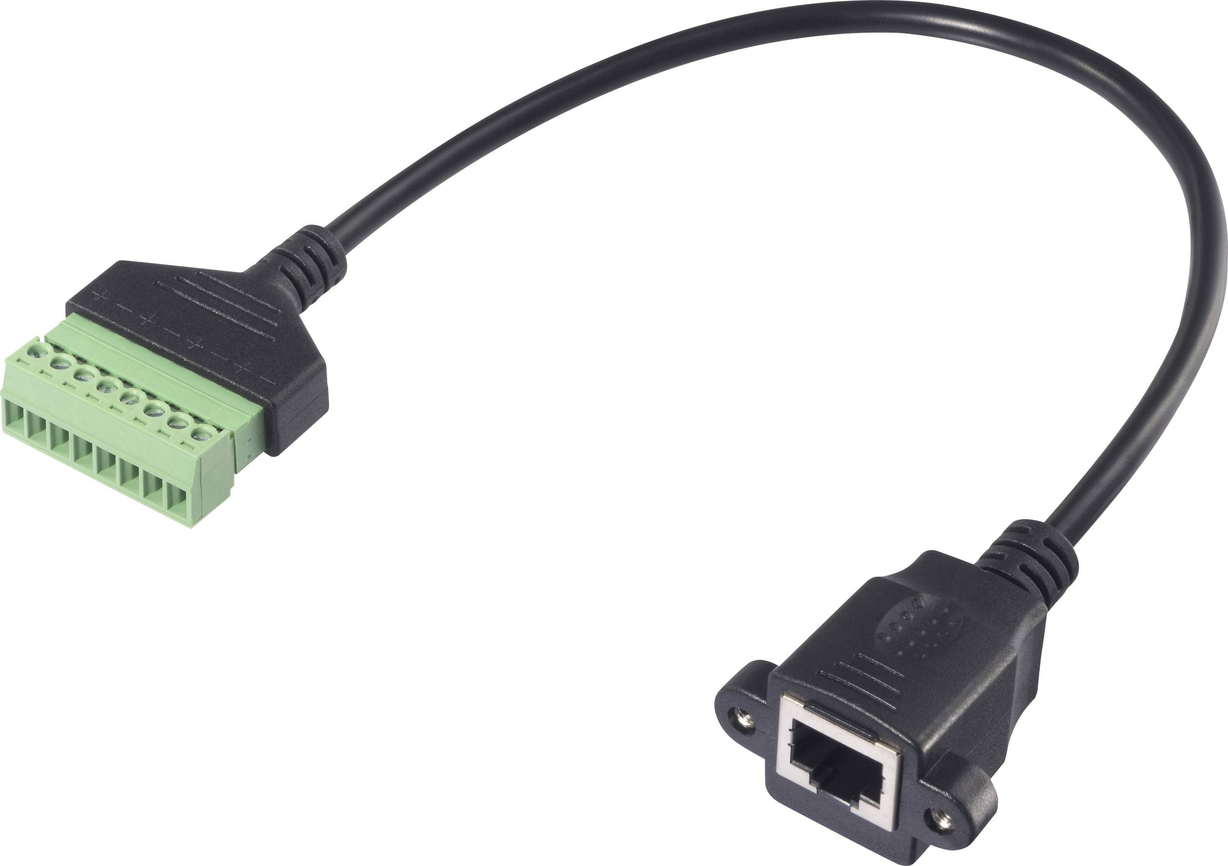 A black cable with a green, multi-pin plug on the left side and an RJ45 socket on the right side, for connecting devices.