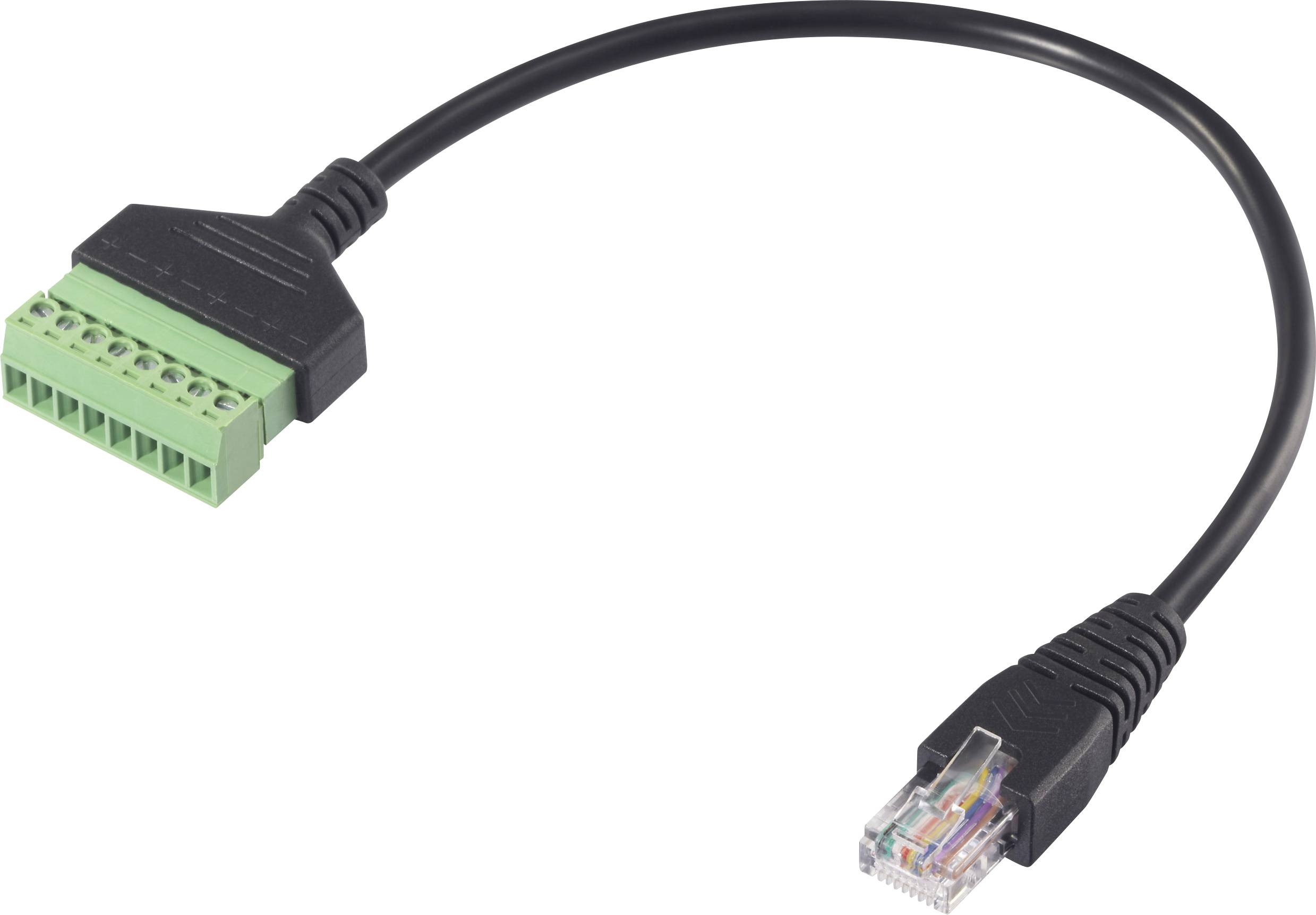 A black cable with a green connection block on one side and an RJ45 plug on the other side.