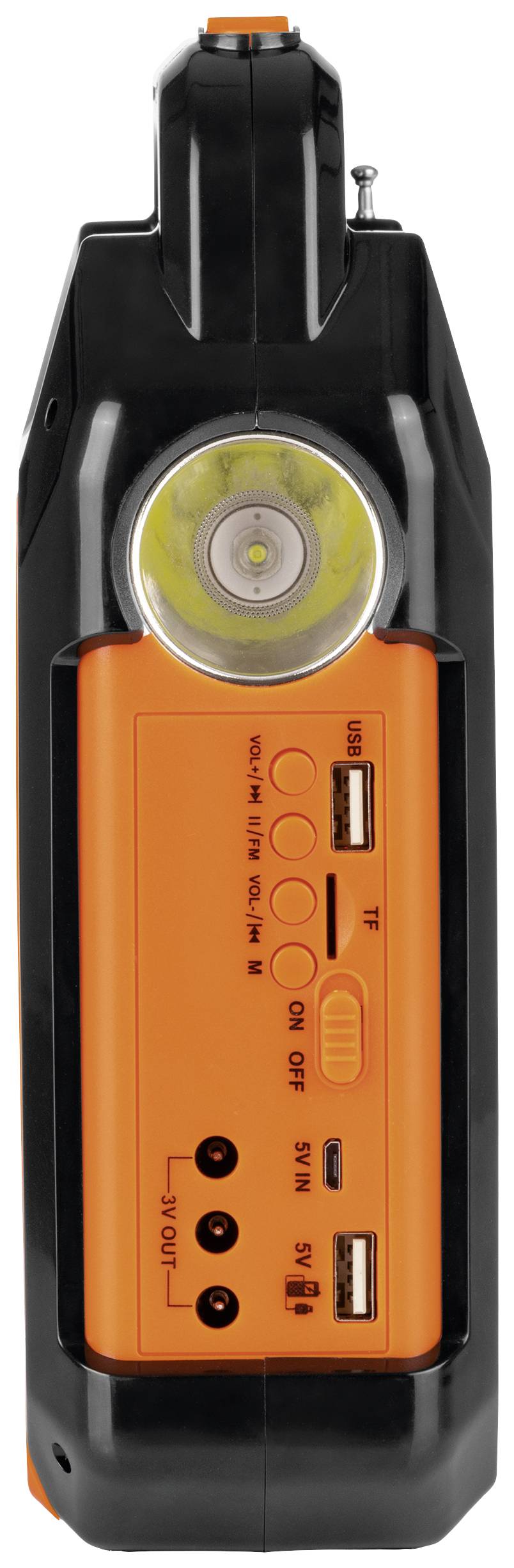 A portable, orange-black device with an LED lamp on top and multiple ports and buttons on the front, including USB ports.