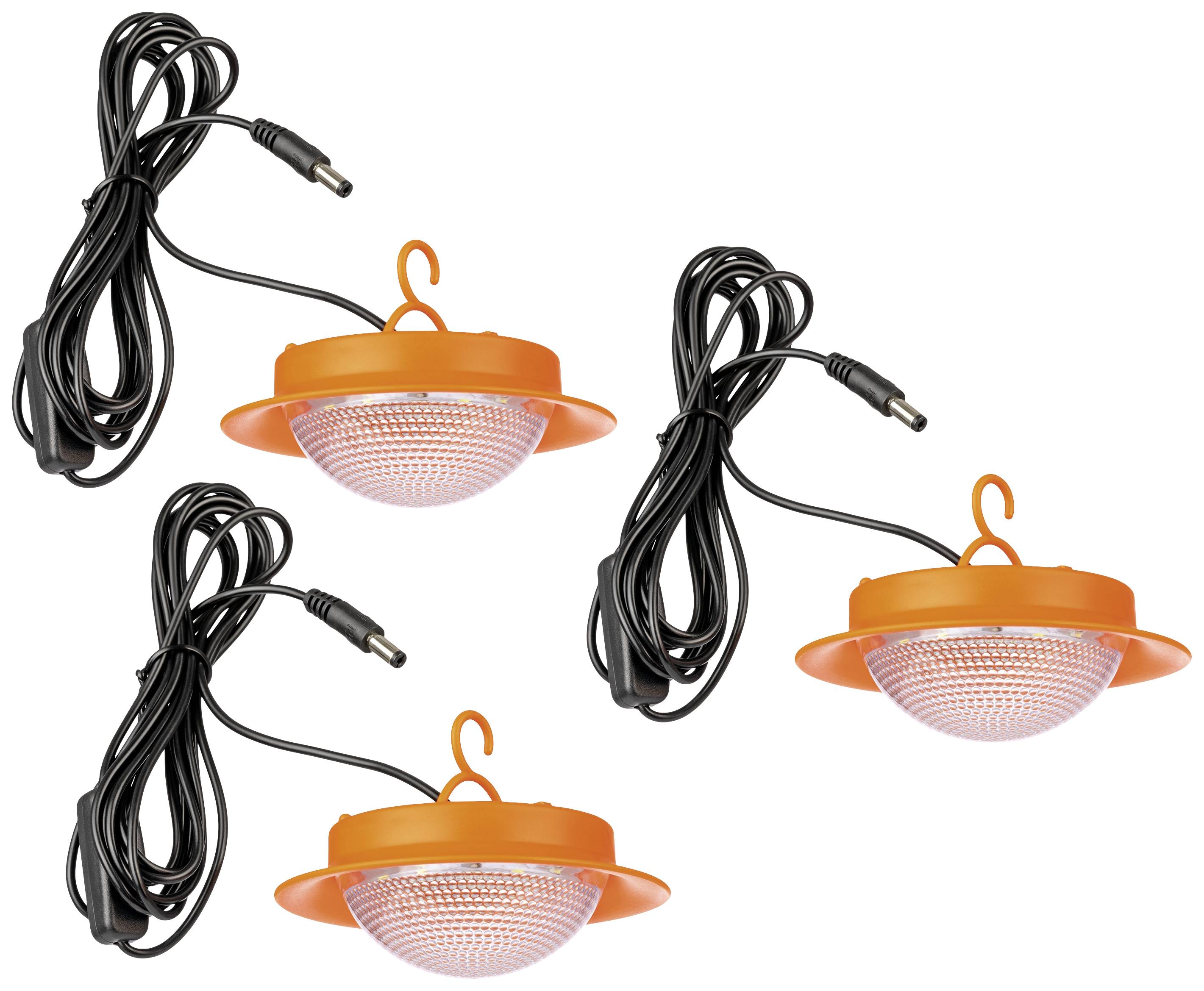 Four orange LED lights with black cables, suitable for lighting or decoration. Each light has a hook for hanging.