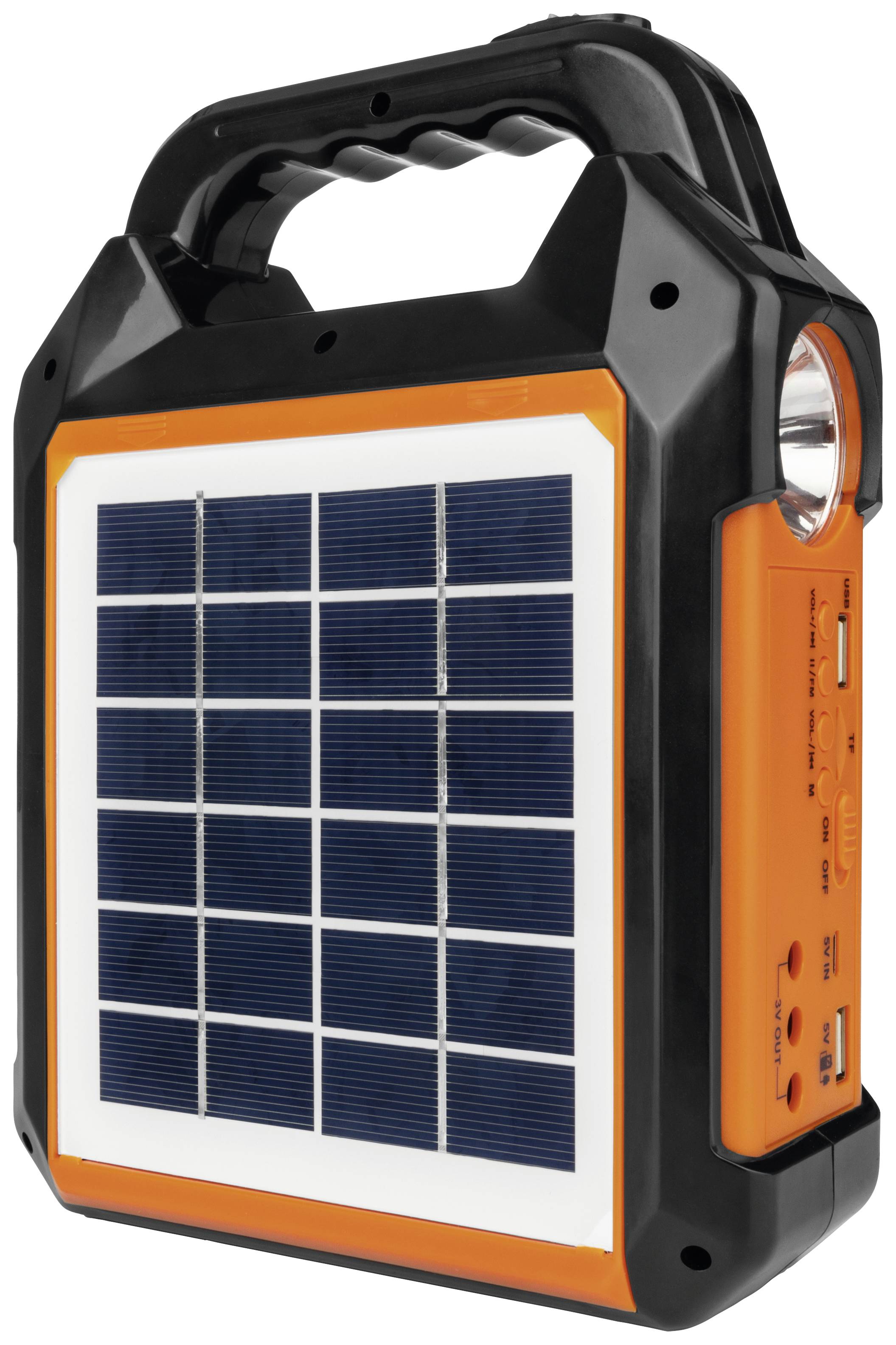Portable solar lamp with integrated solar panel and handle, side charging ports and torch, ideal for outdoor activities.