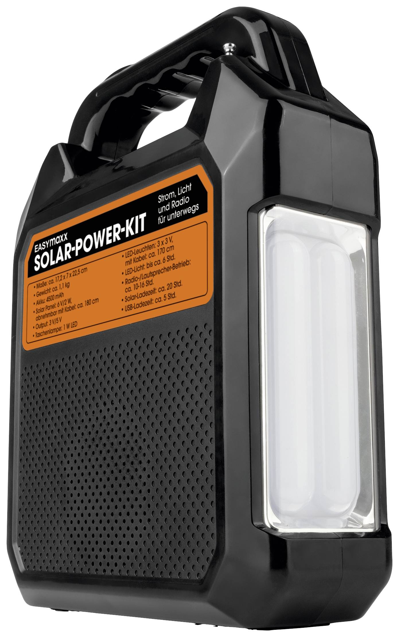 Black solar power kit with handle and orange labelling. Functions: electricity, light and radio for on the go.