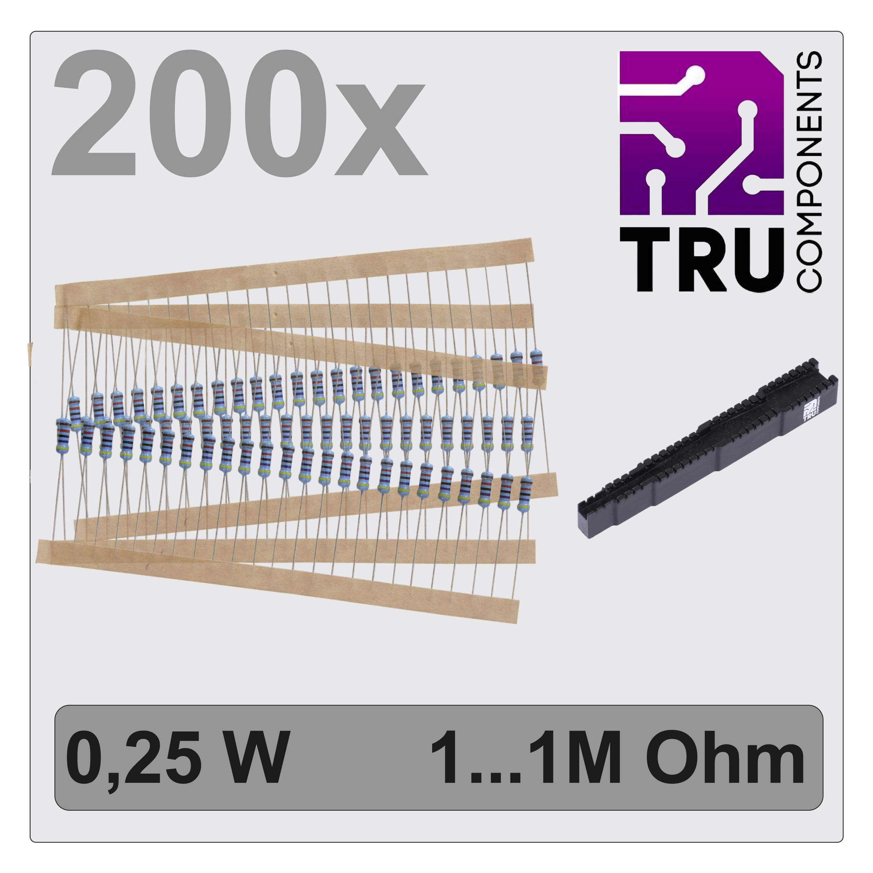 200 resistors, 0.25 W, 1 to 1M ohms, mounted on tape. TRU Components logo.