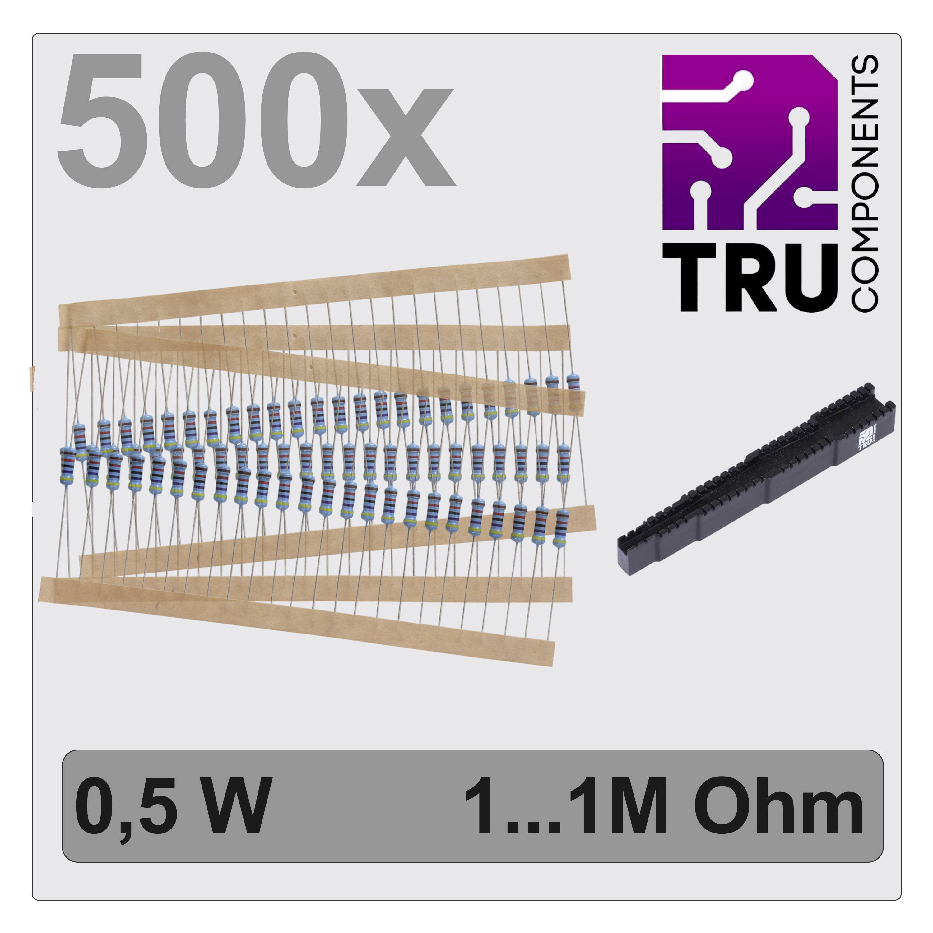 '500x Resistors 0.5 W 1...1M Ohm' on a grey background. TRU COMPONENTS logo in the top right corner.
