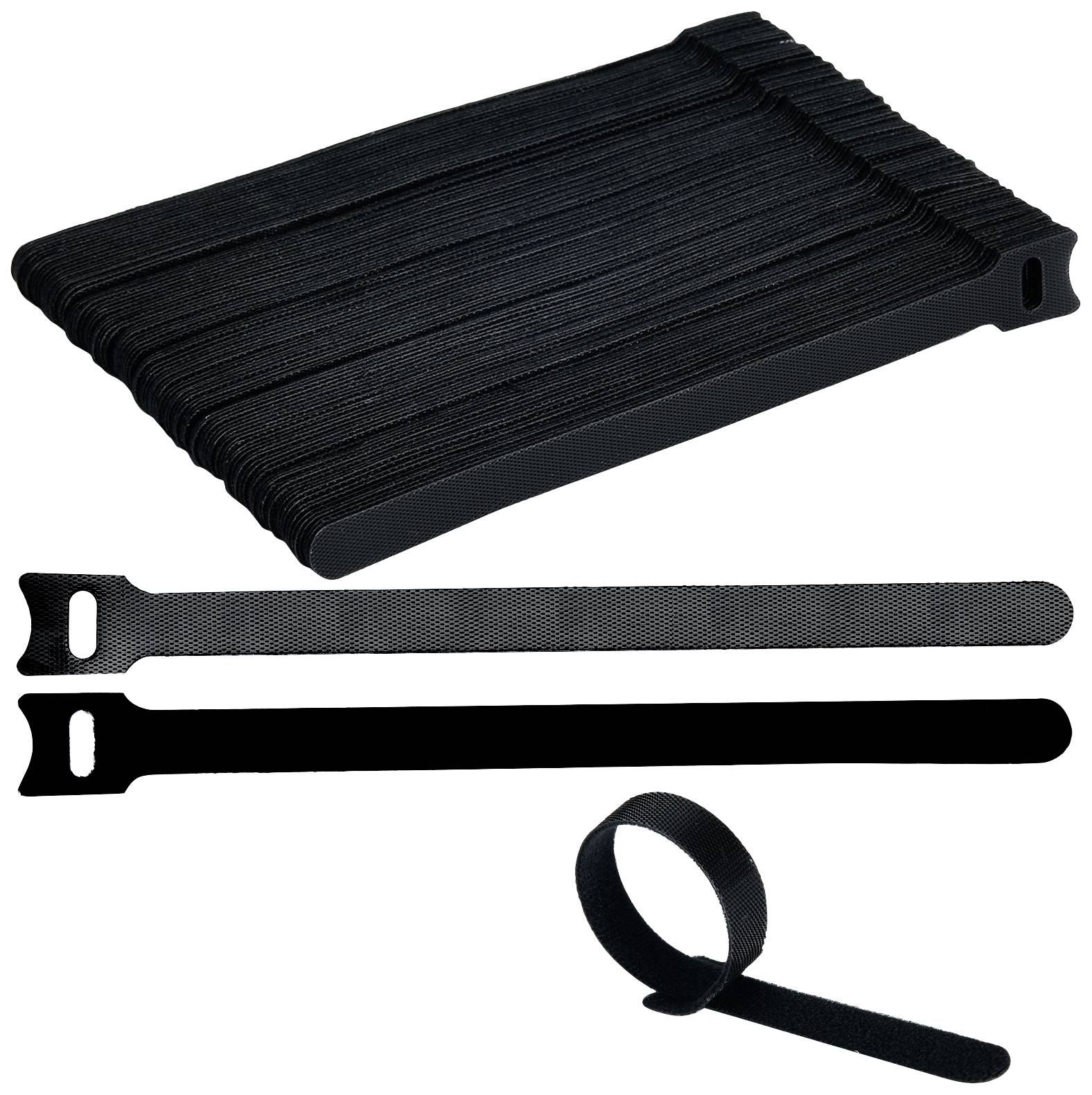 Black cable ties made of hook-and-loop material in various states of use: stacked, individual, and fastened.