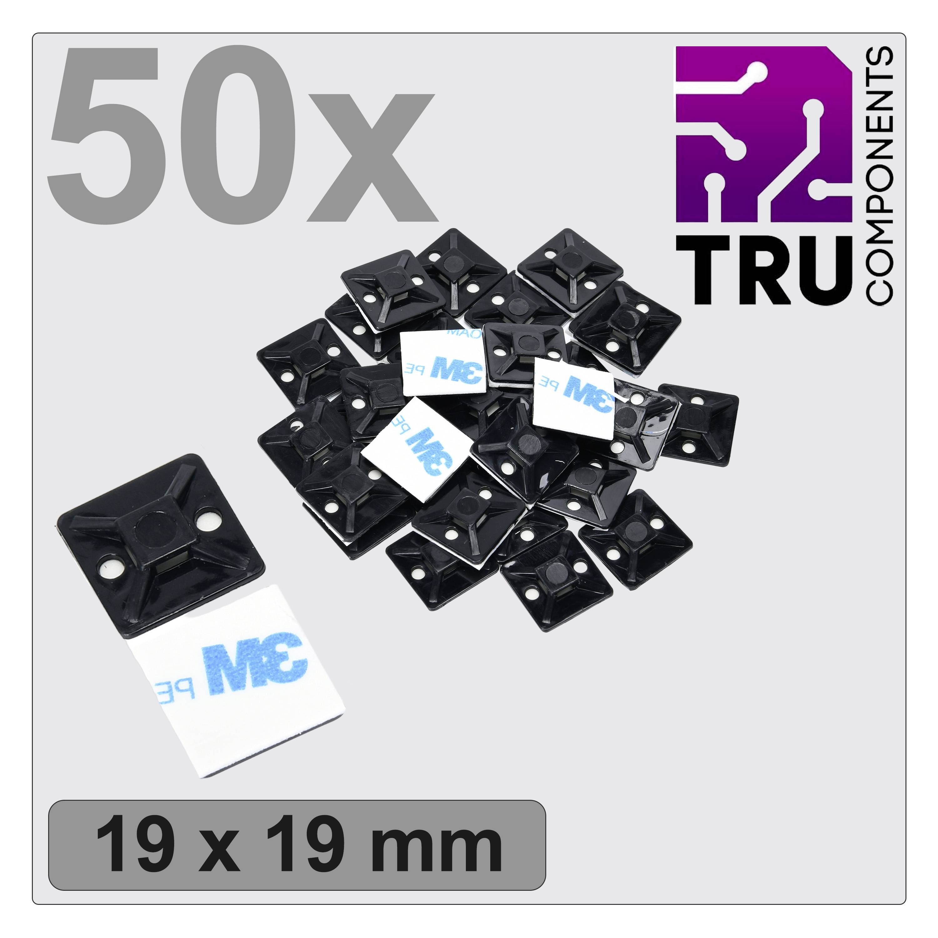 50 black cable clips with 3M adhesive strips, 19 x 19 mm, TRU COMPONENTS logo top right
