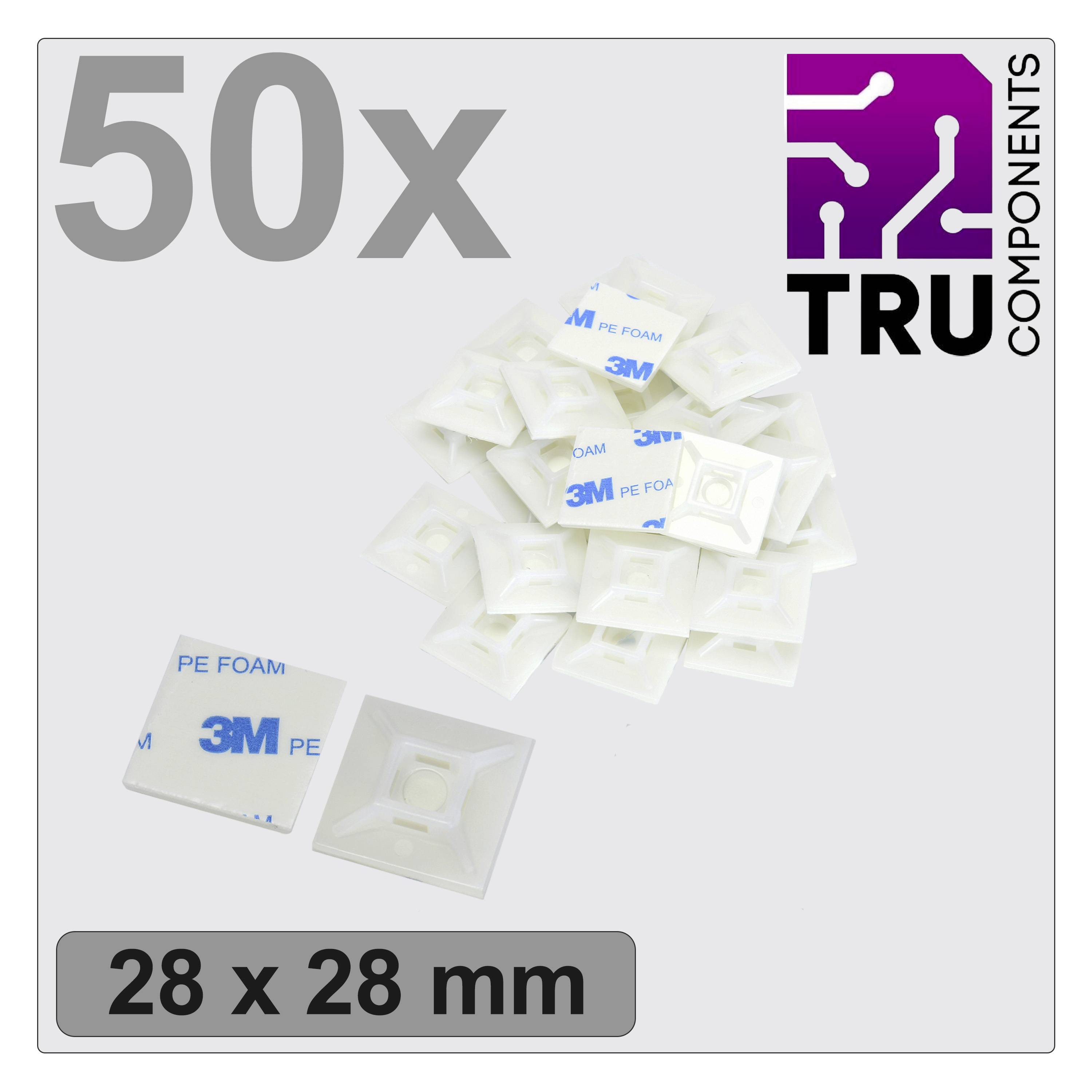 50 white cable clips, 28 x 28 mm, with 3M PE foam, TRU Components logo top right.