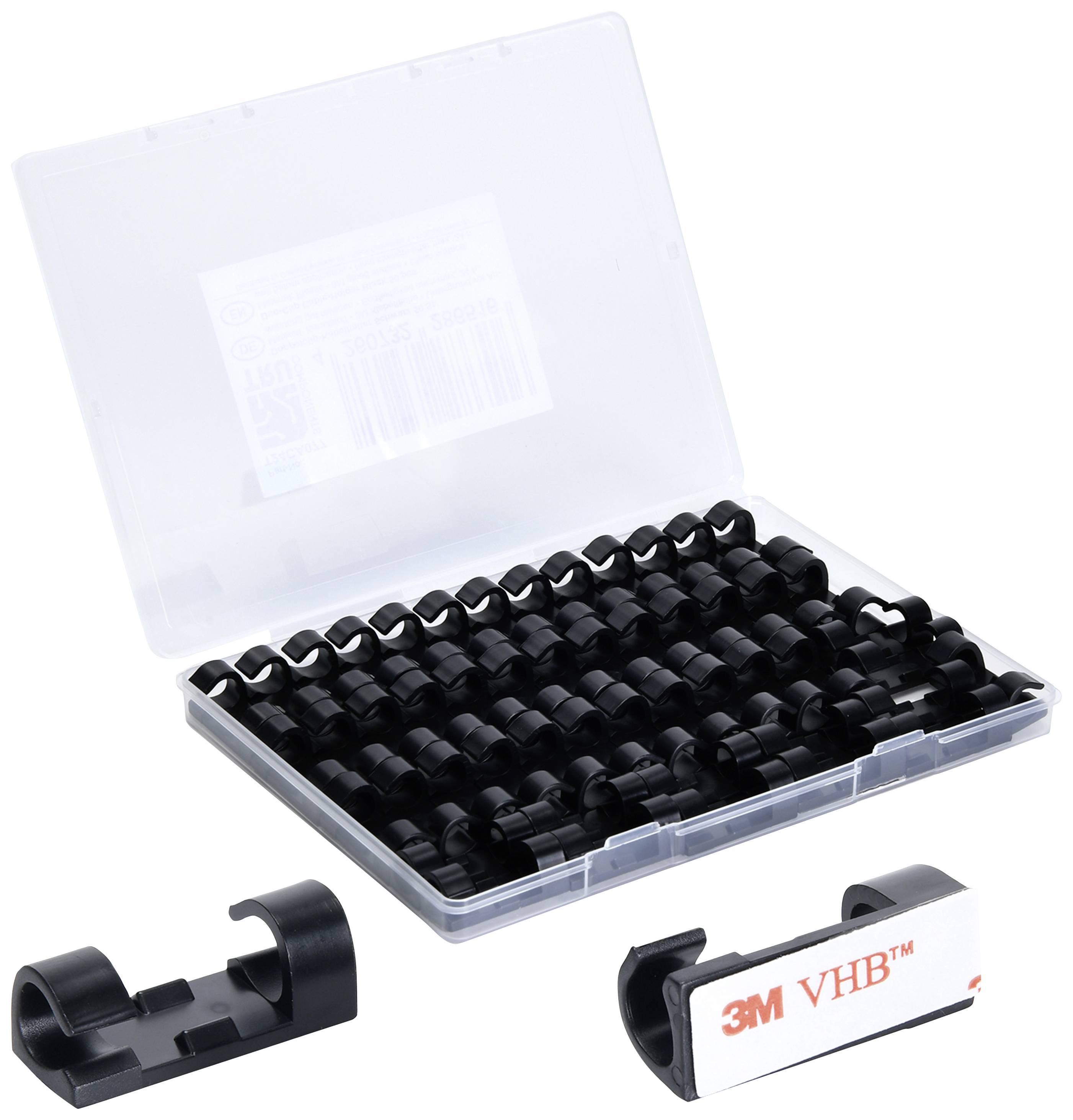 Black cable guides in an open plastic box. Next to them are two opened cable guides with '3M VHB' labelling.