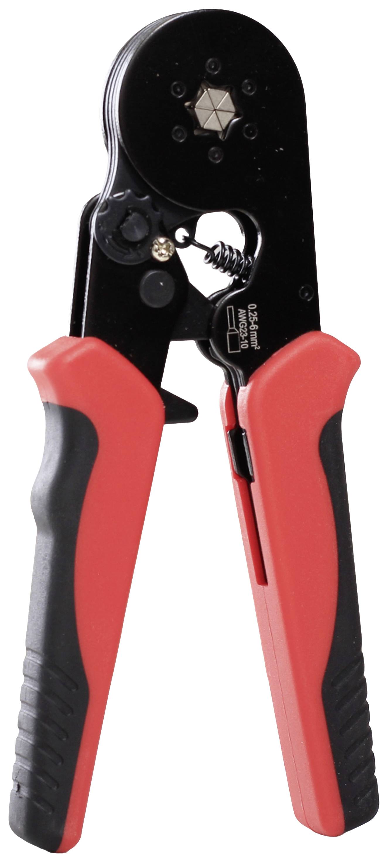 Crimping pliers with red and black handles, suitable for connecting cables and connectors, focused on functionality.