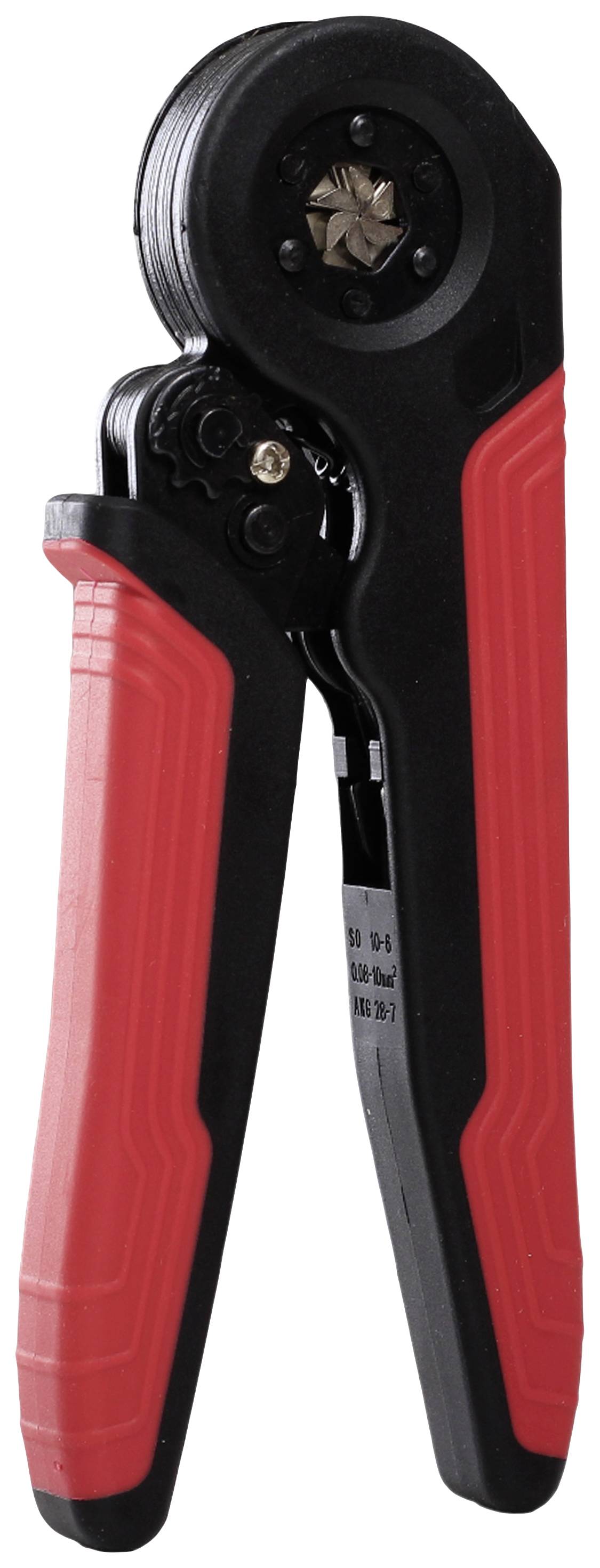 Crimping pliers with a red handle, suitable for connecting cables.