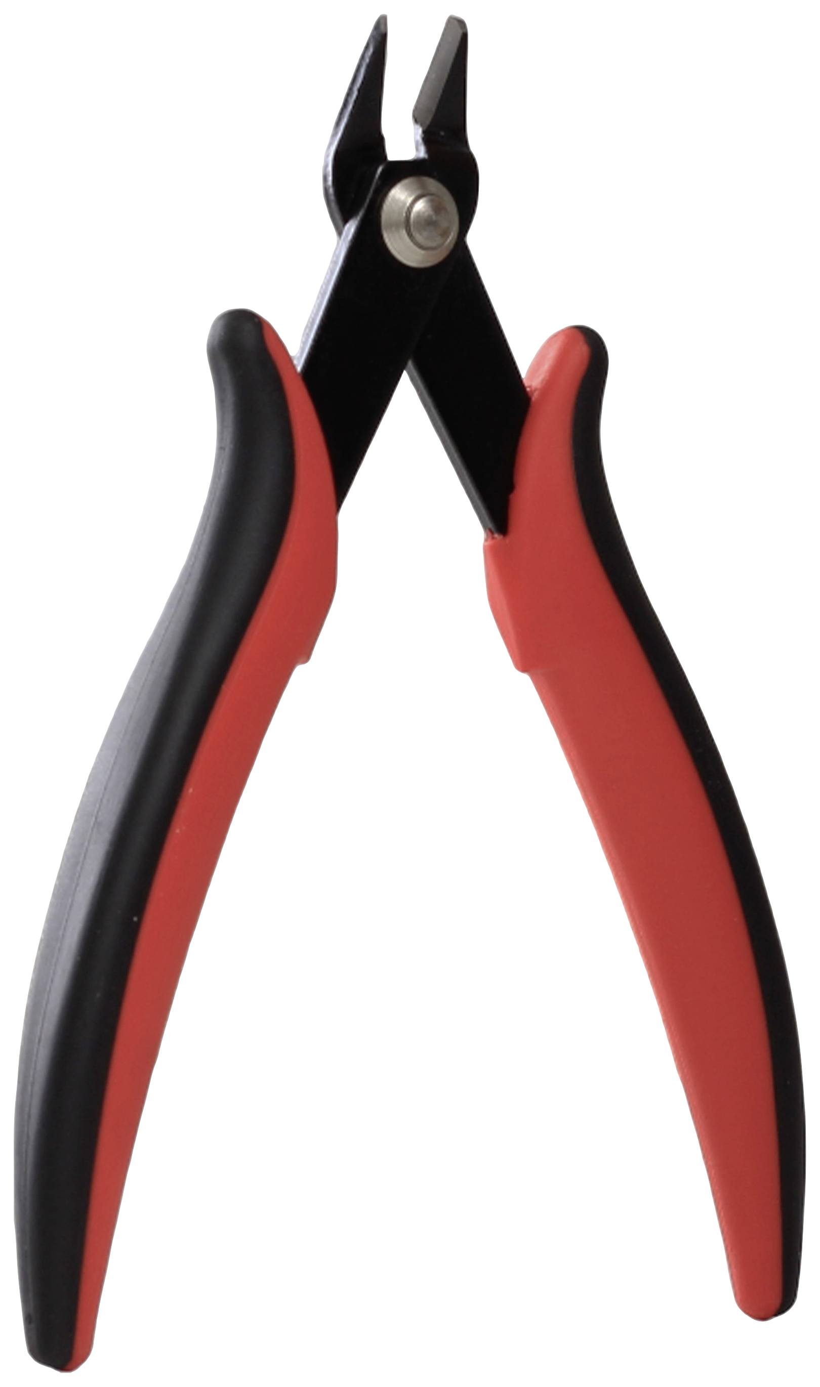 A pair of pliers with red handles and a black cutting surface, suitable for wire cutting or electronic work.