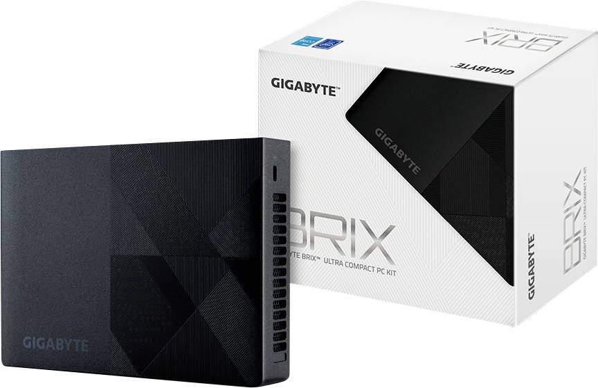 Compact black Gigabyte PC in front of its packaging. Packaging displays model name 'BRIX'.