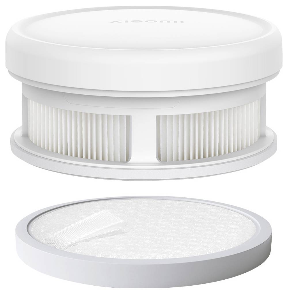 A round, white filter with a ventilated, cylindrical design and a removable lid, likely for air purification.