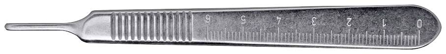 A metal scalpel with a handle and blade, with small markings engraved on the handle.