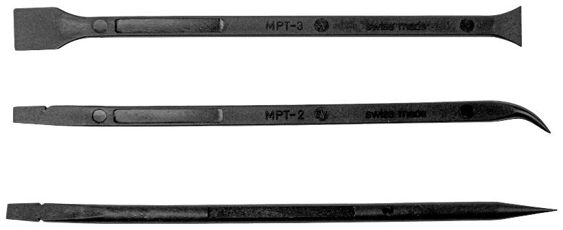 Three black metal pens of different shapes and sizes, with engraving 'MPT-3', 'MPT-2' and 'swiss made' visible.